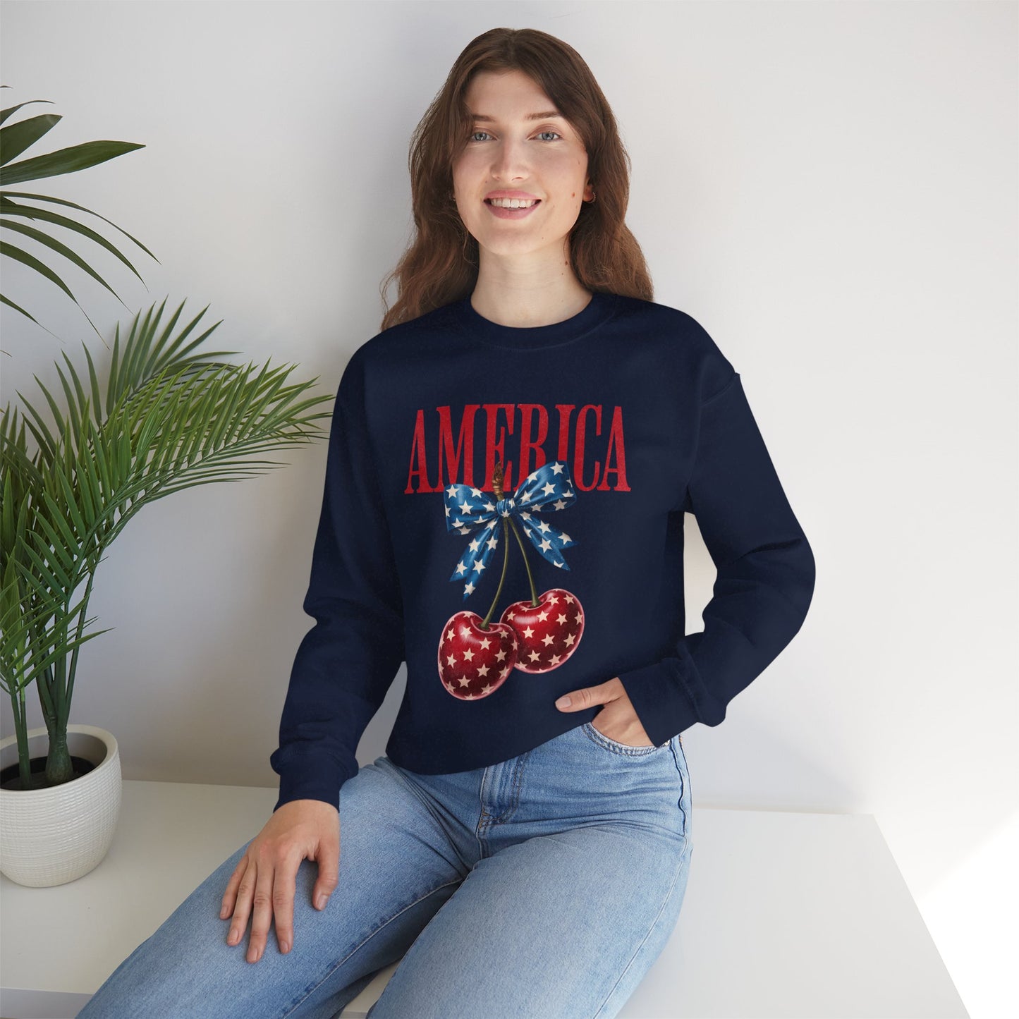 America Cherry Bow Sweatshirt • 4th of July Coquette Crewneck • Red White Blue Graphic shirt