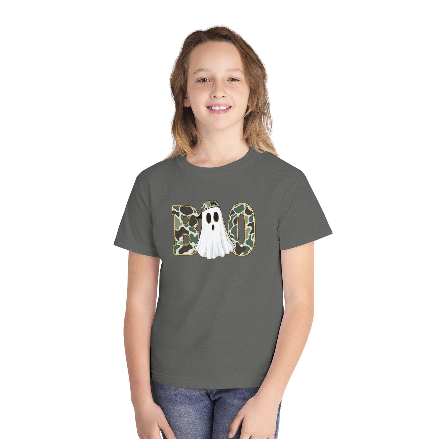 BOO Ghost Youth Tee — Camo Pattern Halloween Shirt for Kids