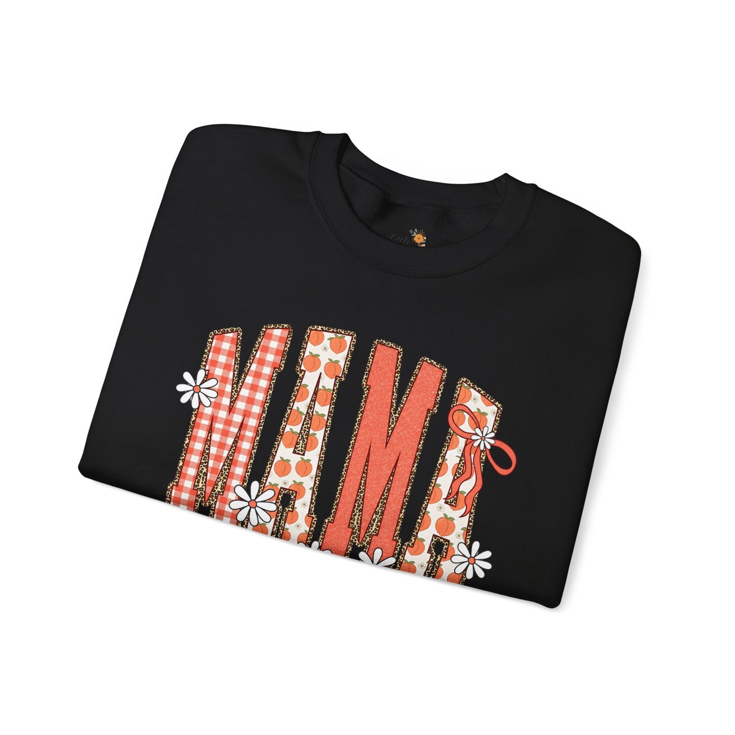 Daisy Peach MAMA Floral Sweatshirt • Spring Graphic Crew • Peach Gingham Mom pullover • Feminine Boutique Everyday Outfit