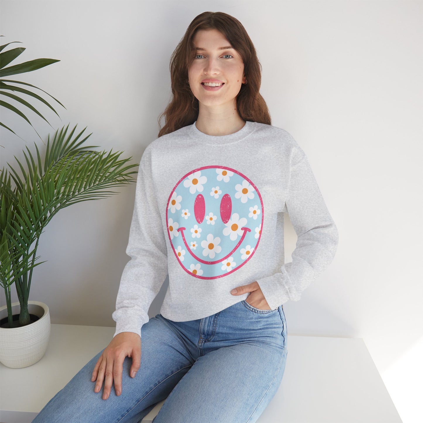 Retro Daisy Smile Sweatshirt • Floral Happy Face Crewneck • Cute Mama Cozy Sweatshirt