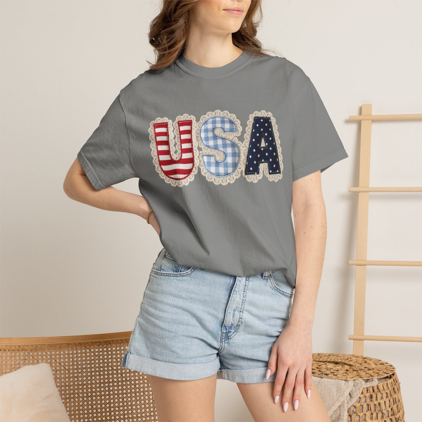 USA Patchwork Shirt • Preppy Patriotic Tee • Coquette Americana Top • Red White Blue Outfit Shirt