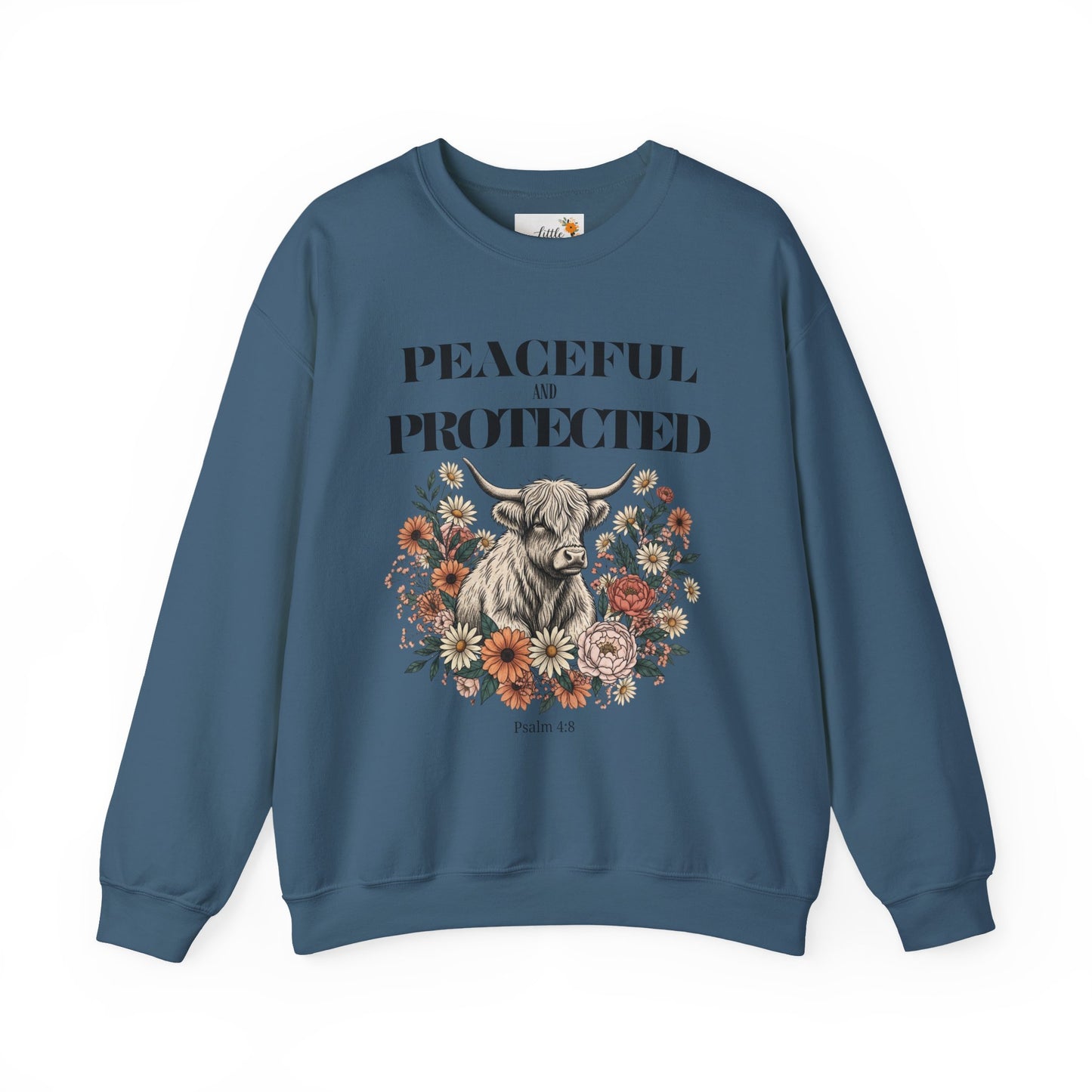 Peaceful and Protected Highland Cow Floral Sweatshirt • Psalm 4:8 Christian Crewneck • Western Cow Faith Graphic