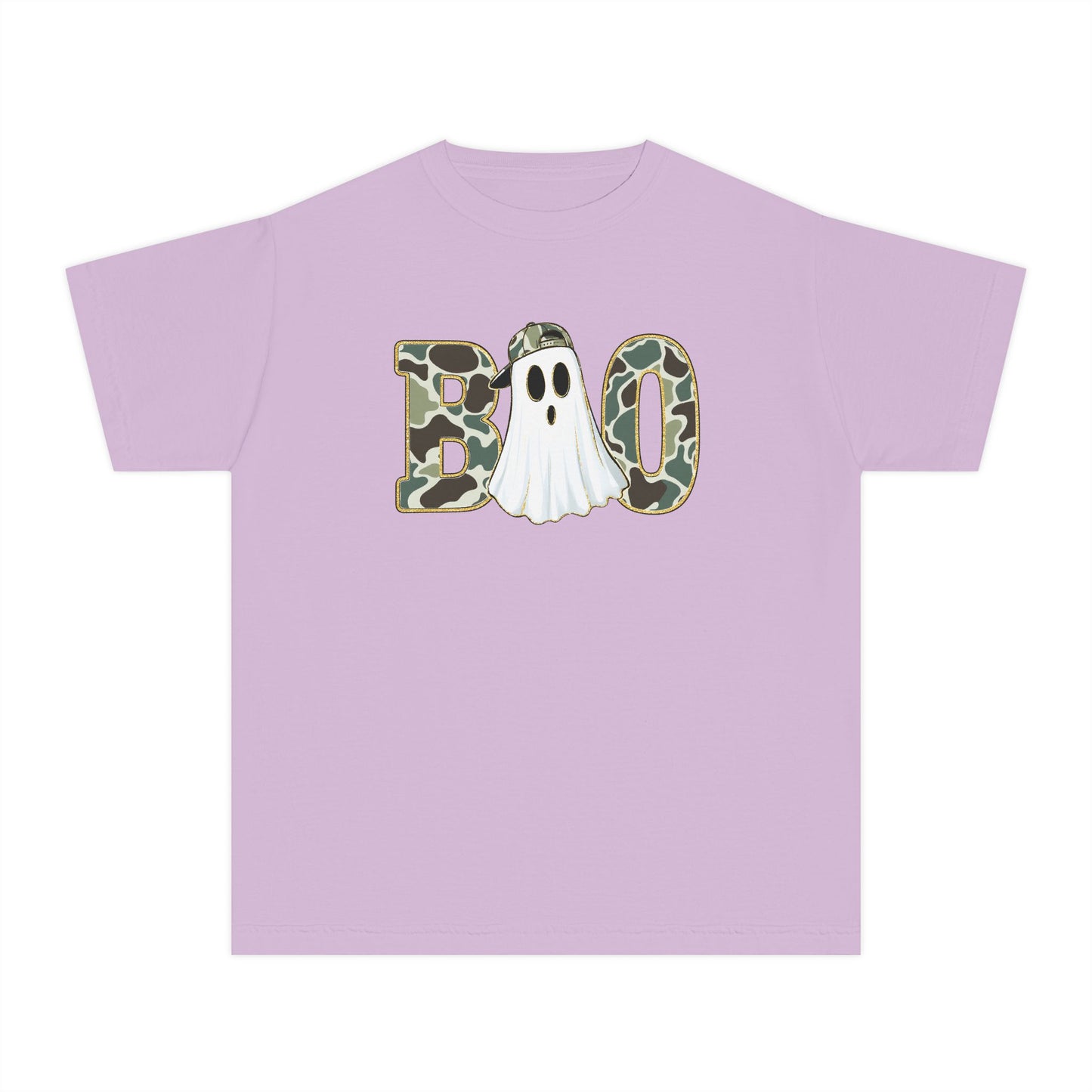 BOO Ghost Youth Tee — Camo Pattern Halloween Shirt for Kids
