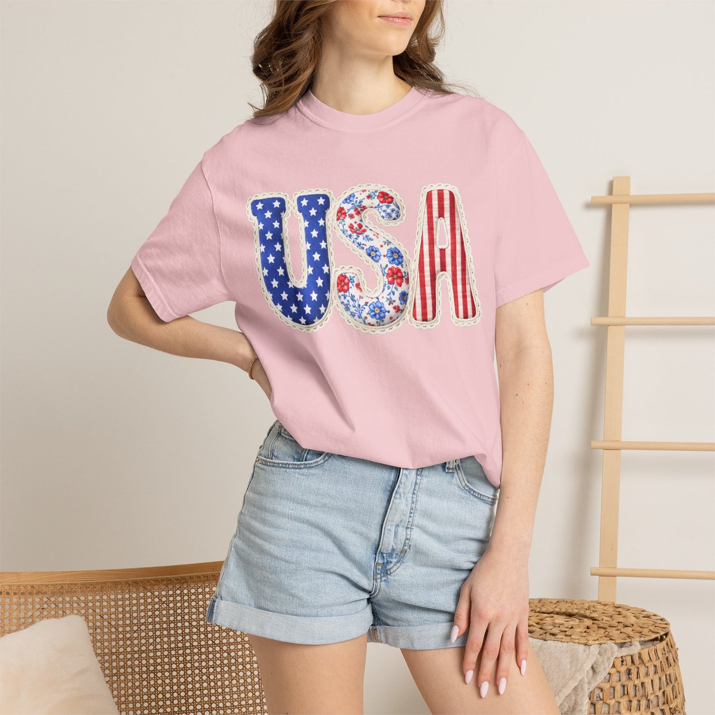 Floral Patchwork USA Shirt • Preppy Patriotic Tee • Vintage Americana Gingham Shirt • 4th of July Mom Outfit