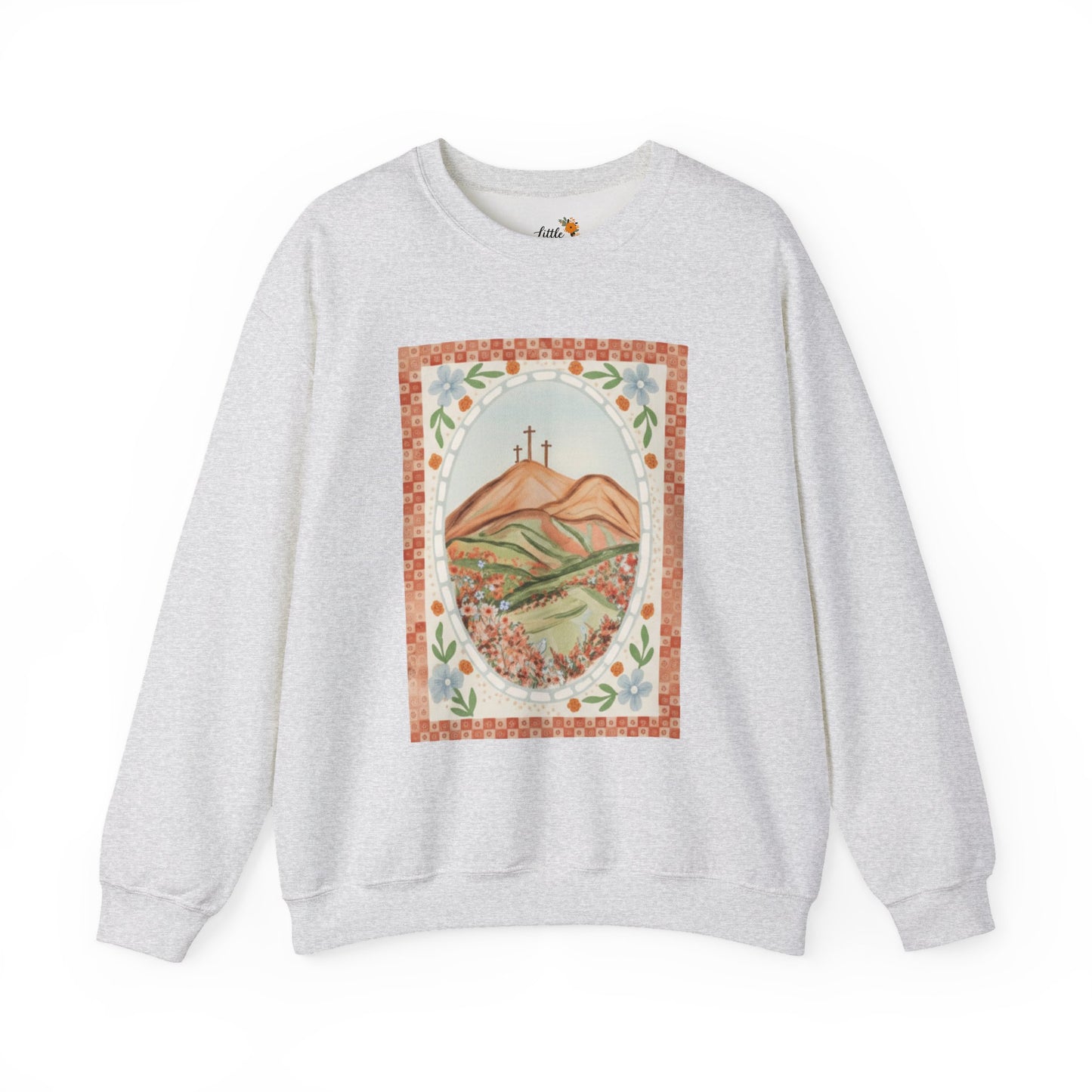 Easter Landscape Faith Sweatshirt (Front Only) • Christian Mountain Cross Crewneck • Floral Resurrection Scene Graphic