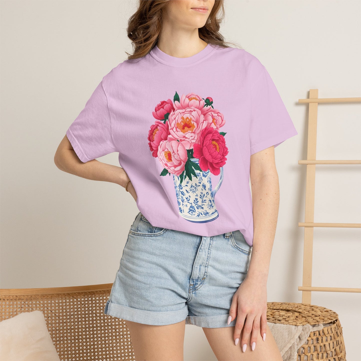 Peony Bouquet T-Shirt — Pink Peony in Vintage White & Blue Floral Vase