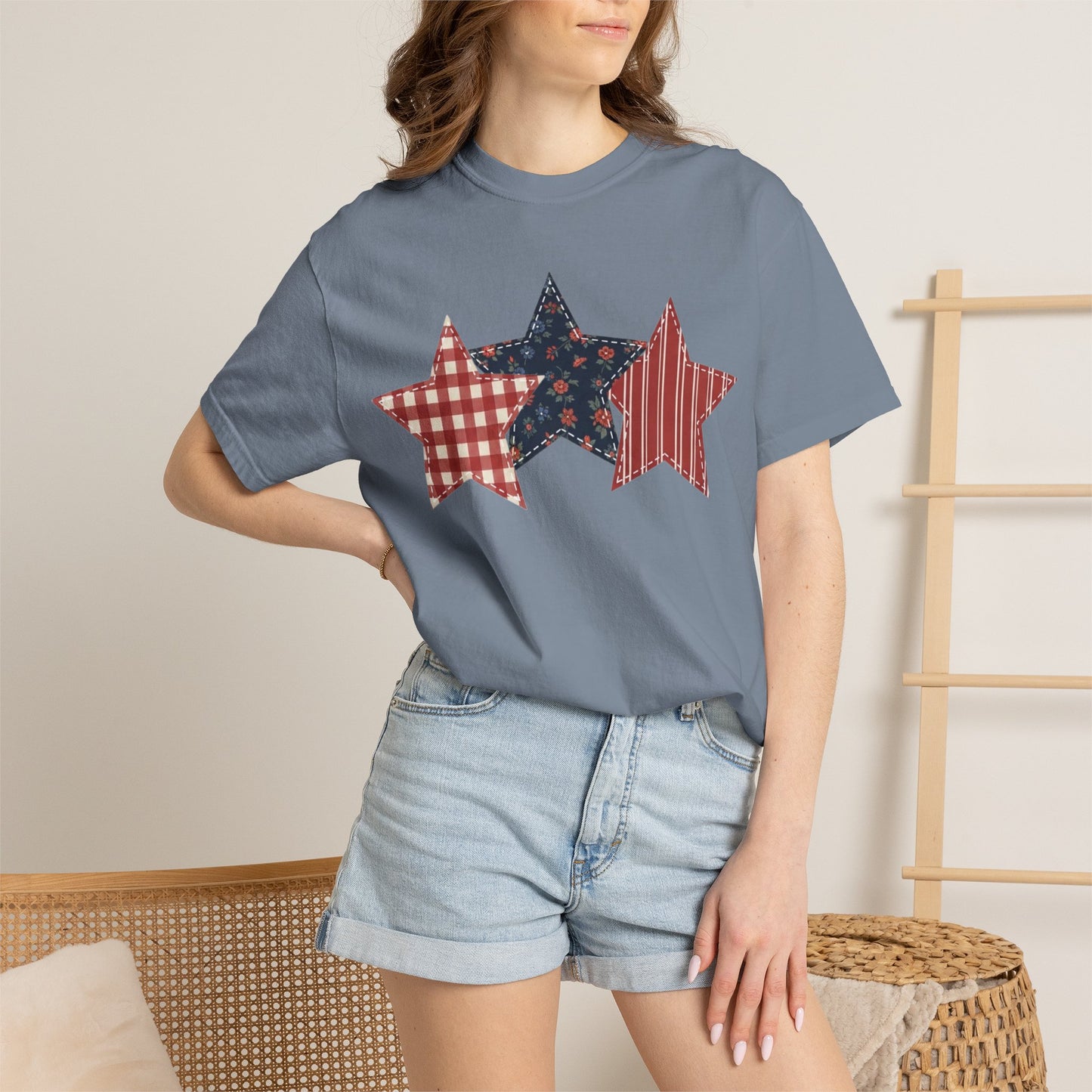 4th of July Patchwork Star T-Shirt for Summer nights • Floral Gingham Red White Blue USA Tee • Patriotic Outfit