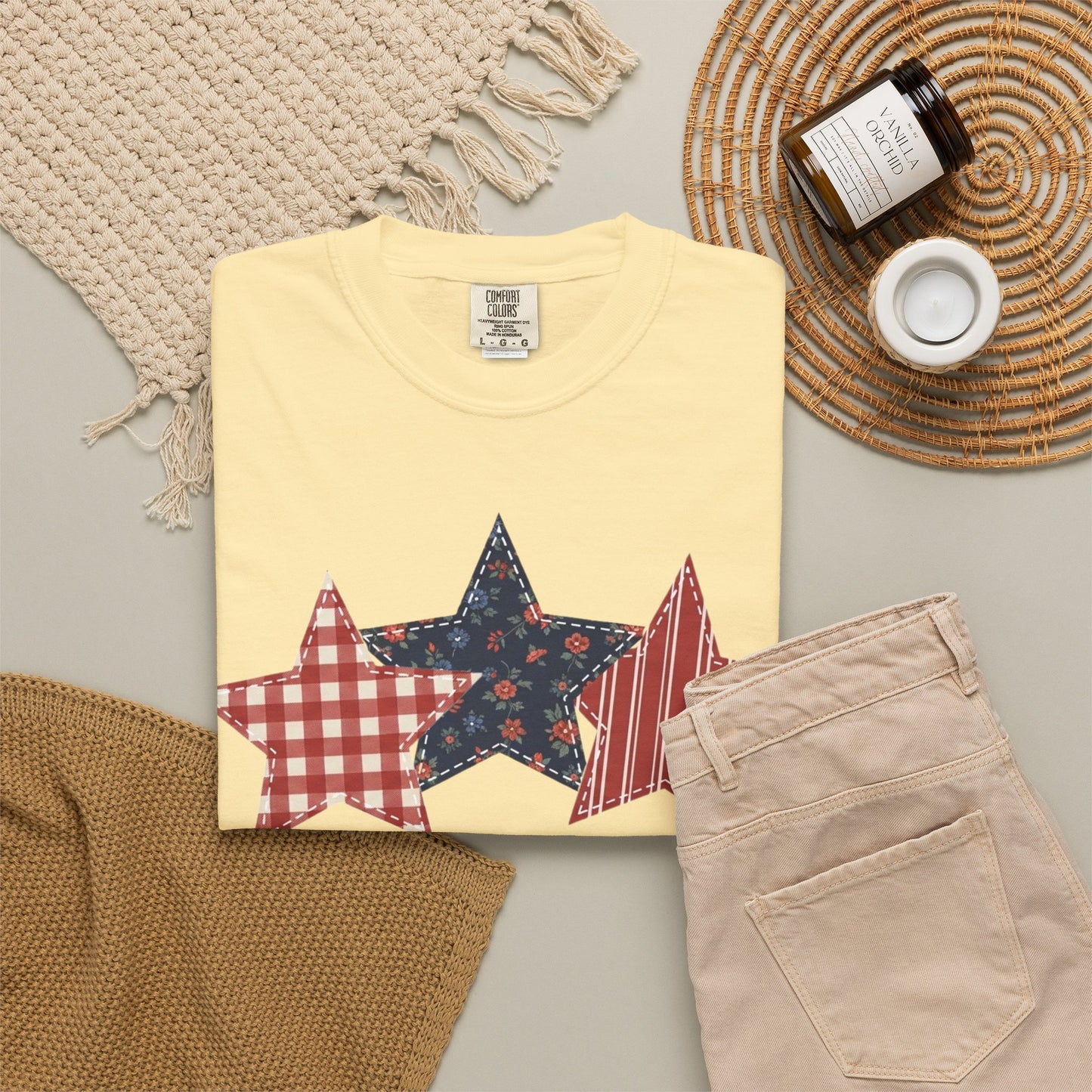 4th of July Patchwork Star T-Shirt for Summer nights • Floral Gingham Red White Blue USA Tee • Patriotic Outfit