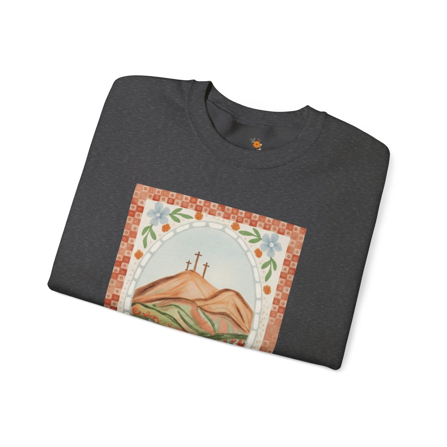 Easter Landscape Faith Sweatshirt (Front Only) • Christian Mountain Cross Crewneck • Floral Resurrection Scene Graphic