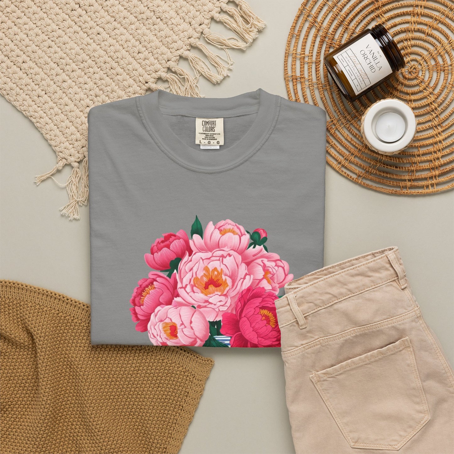 Peony Bouquet T-Shirt — Pink Peony in Vintage White & Blue Floral Vase
