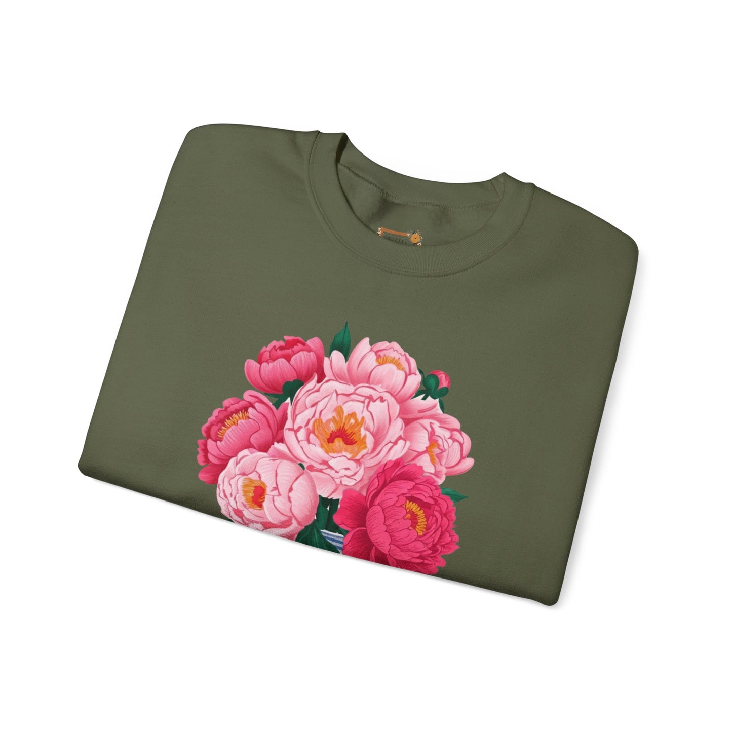 Pink Peonies in Blue Vintage Vase Floral Sweatshirt • Cottagecore Garden Bouquet Crewneck • Botanical Apparel