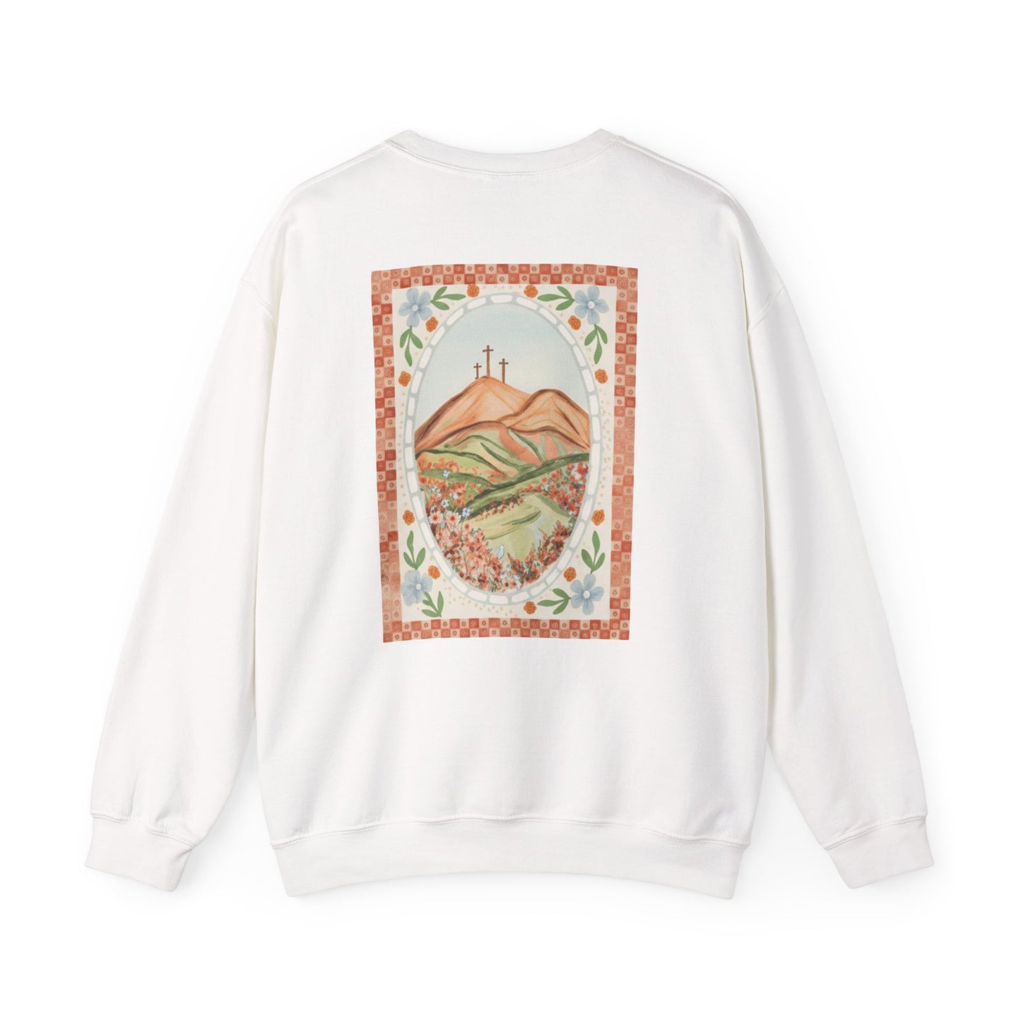 Easter Landscape Faith Sweatshirt (Front & Back) • Christian Mountain Cross Crewneck • Floral Resurrection Scene Graphic