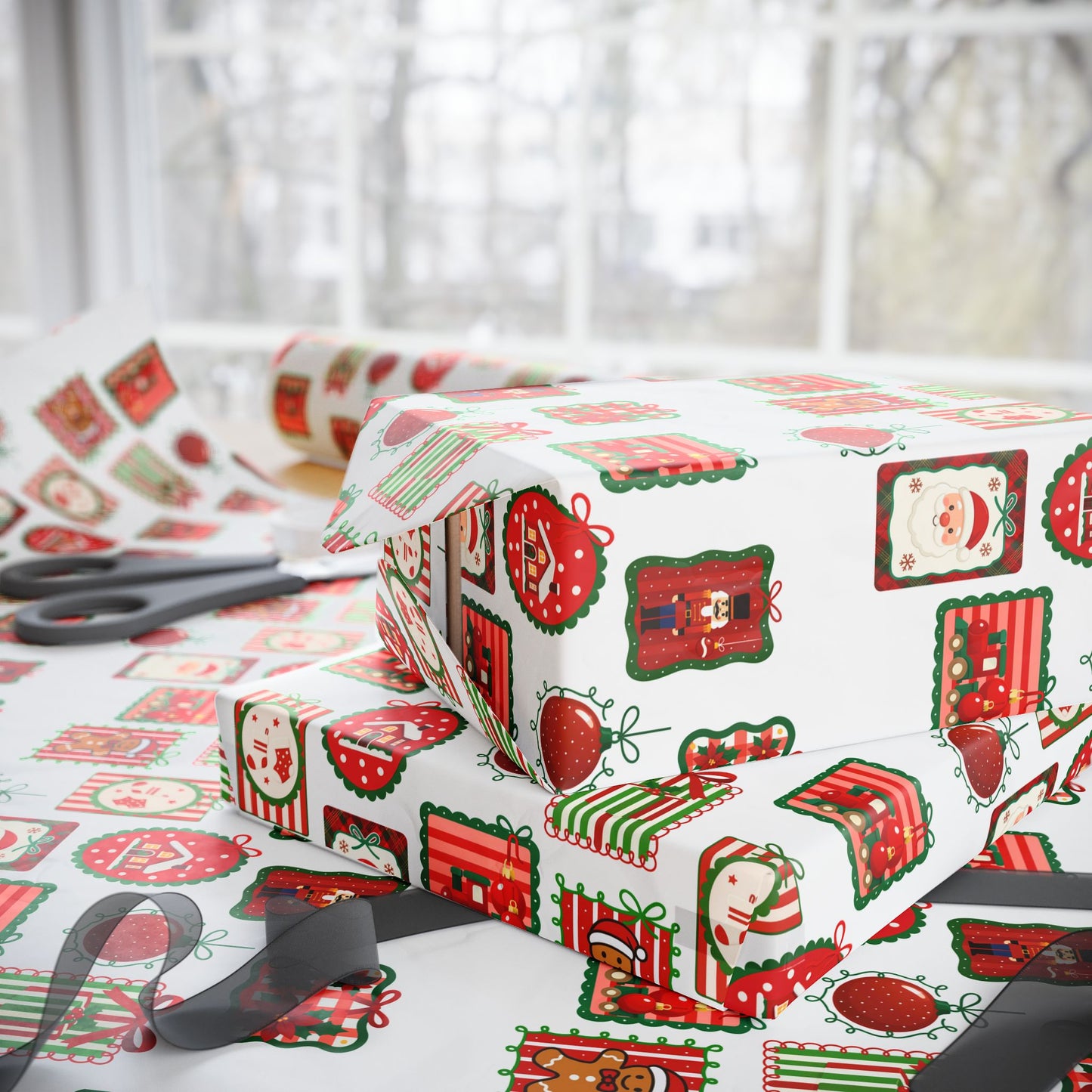 Christmas Stamp Collage Wrapping Paper | Vintage Holiday Postmark Pattern | Red & Green Retro Christmas Gift Wrap | Festive Mail-Inspired Design