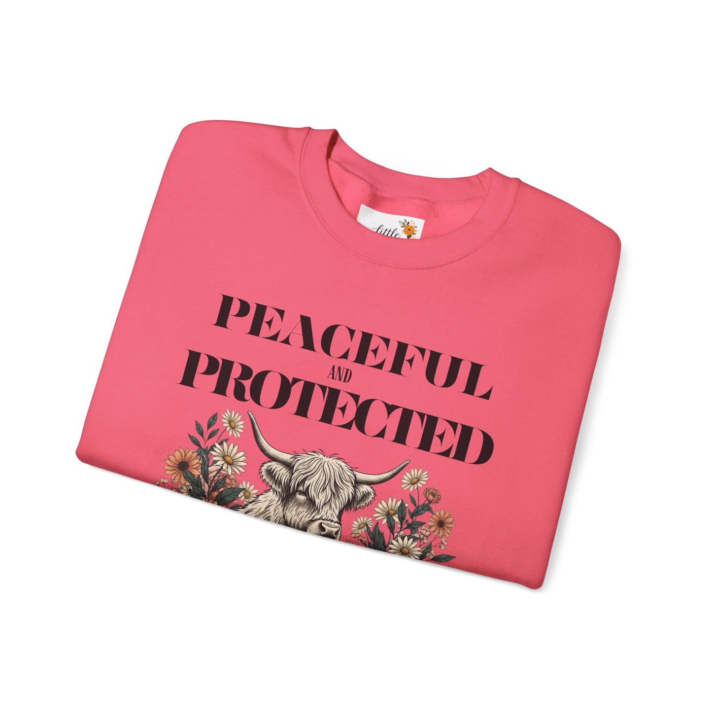 Peaceful and Protected Highland Cow Floral Sweatshirt • Psalm 4:8 Christian Crewneck • Western Cow Faith Graphic