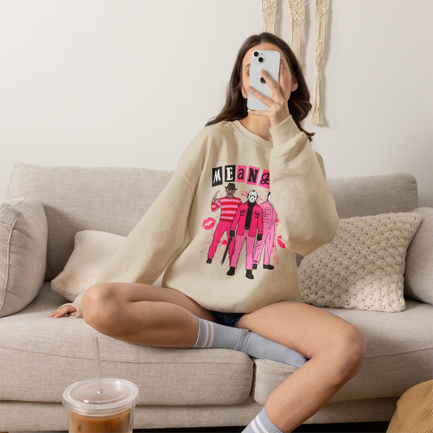 Mean Boys Crewneck Sweatshirt — Retro Pink Graphic Pullover