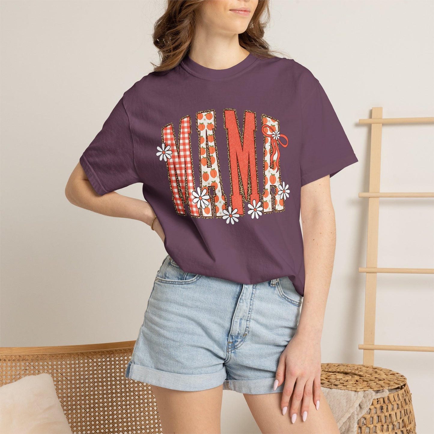 Daisy Peach MAMA Floral Shirt • Spring Graphic Tee • Peach Gingham Mom Shirt • Feminine Boutique Everyday Outfit