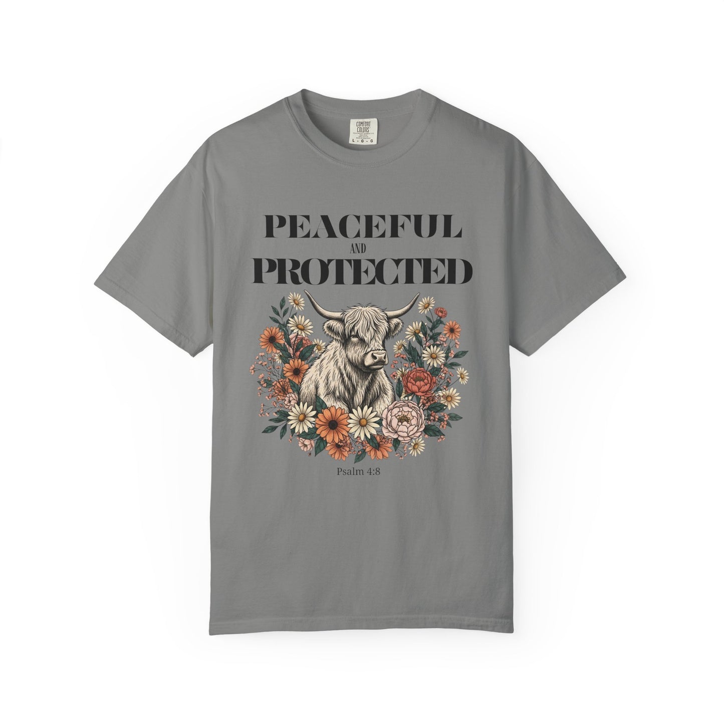 Peaceful and Protected Highland Cow Tee • Psalm 4:8 • Western Floral Faith Shirt