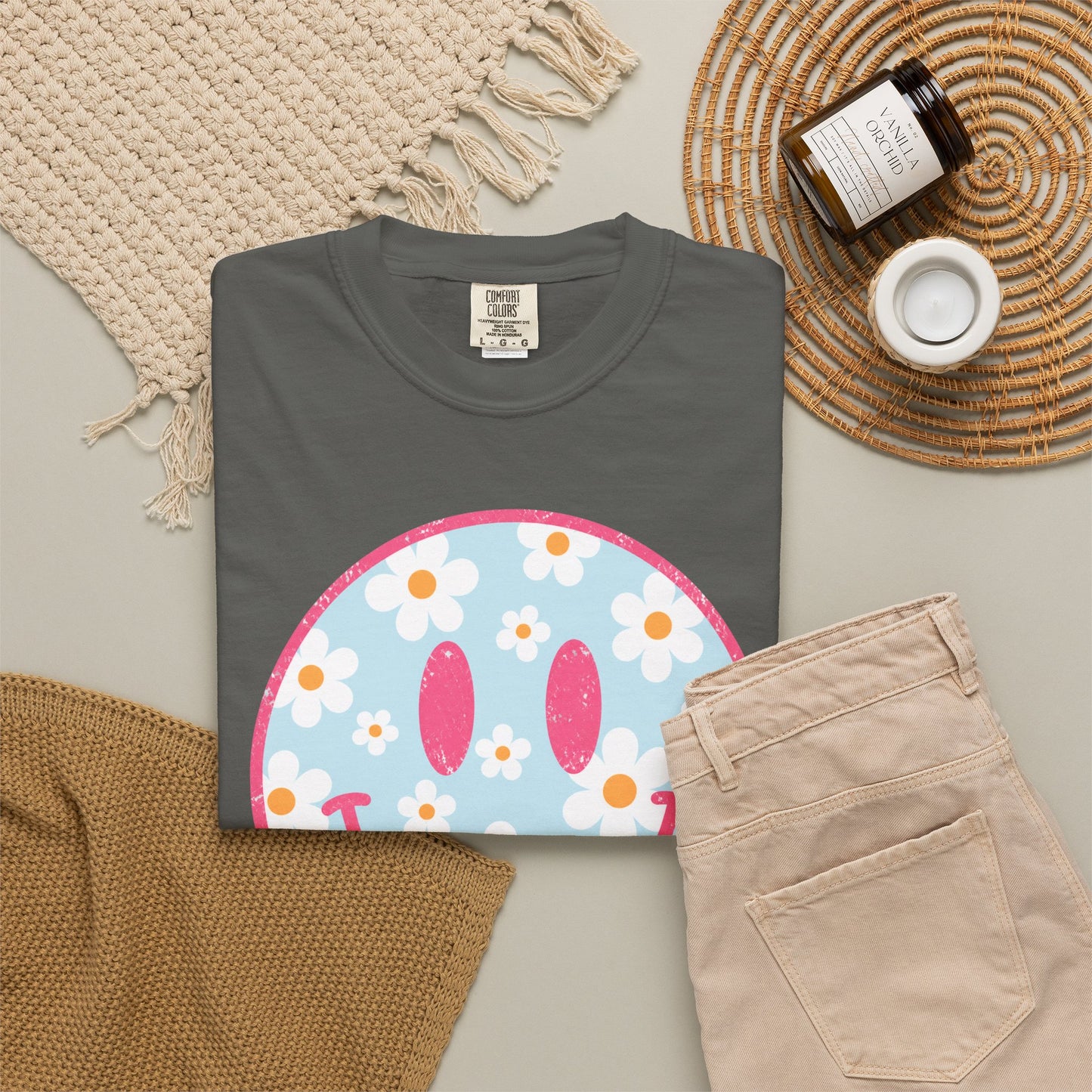 Pink Daisy Smiley Face Tee • Retro Floral Happy Face Shirt • Boutique Mama Graphic Tee