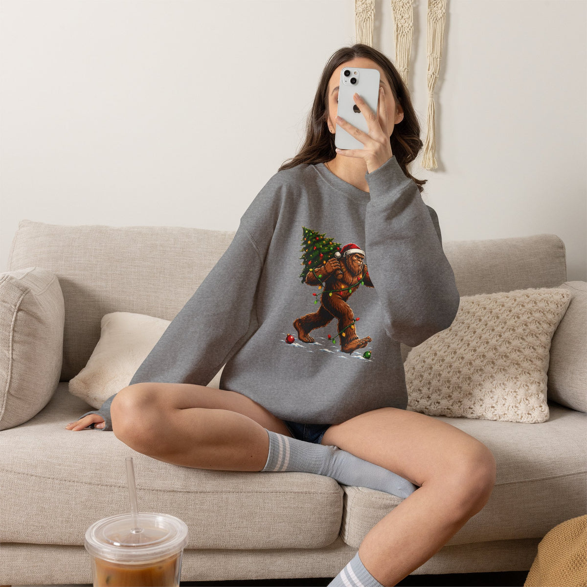 Sweatshirt — Holiday Sasquatch Carrying Christmas Tree Graphic Crewneck