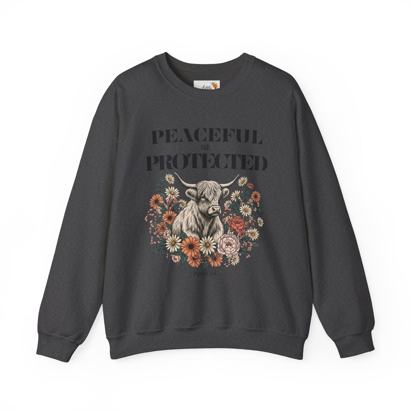 Peaceful and Protected Highland Cow Floral Sweatshirt • Psalm 4:8 Christian Crewneck • Western Cow Faith Graphic