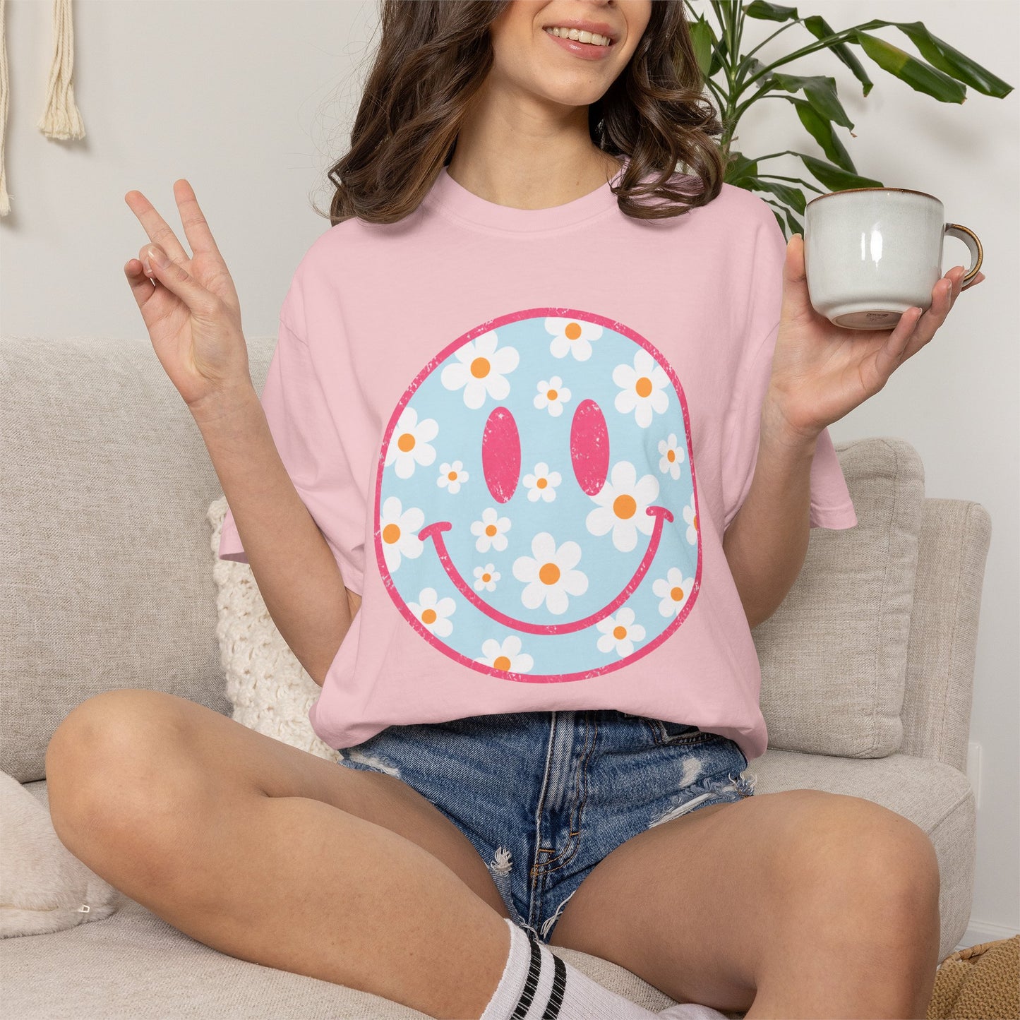 Pink Daisy Smiley Face Tee • Retro Floral Happy Face Shirt • Boutique Mama Graphic Tee