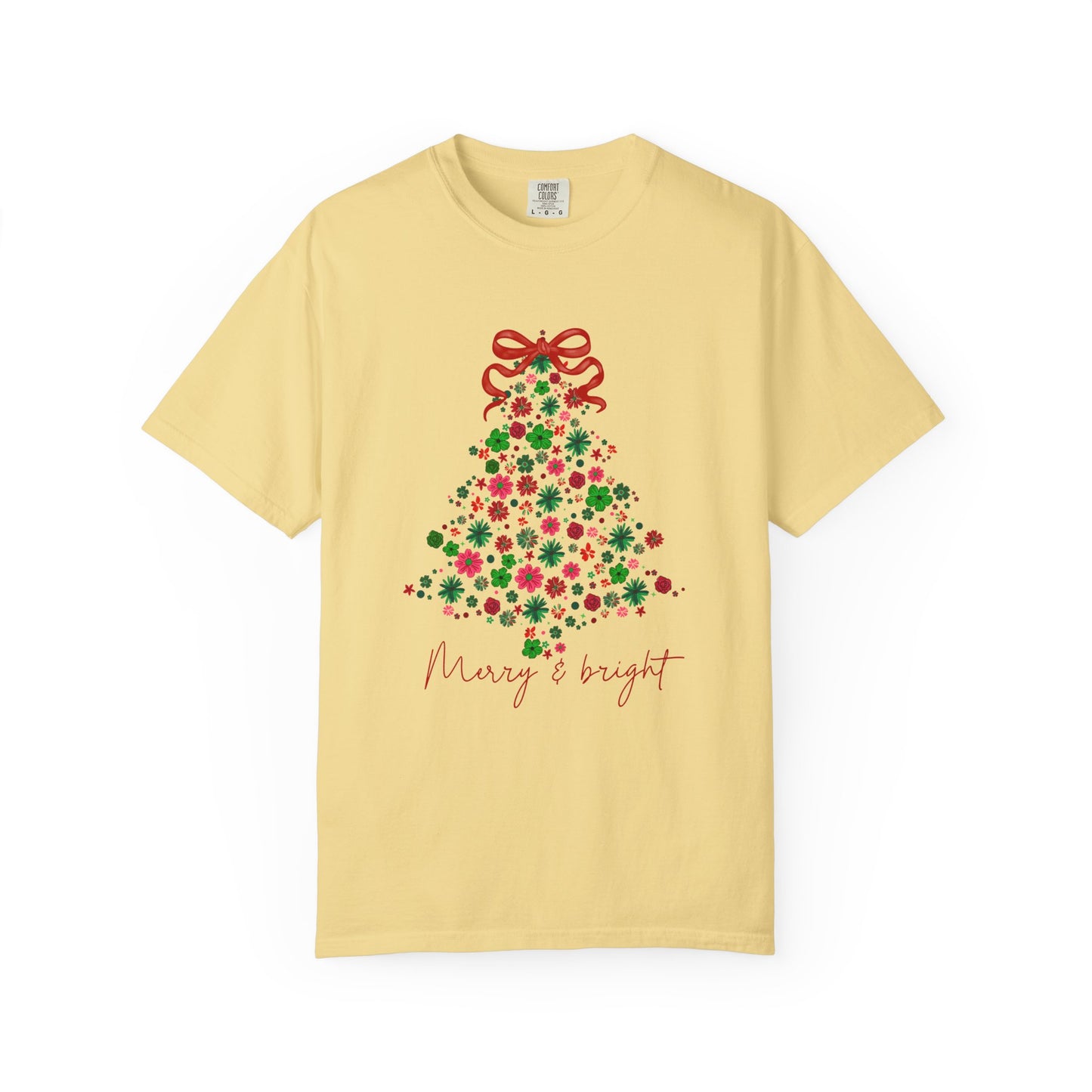 Merry & Bright Christmas Tree Shirt • Floral Christmas Tree Tee • Cute Pink & Green Holiday T-Shirt • Comfort Colors Christmas Shirt • Women's Christmas Tee
