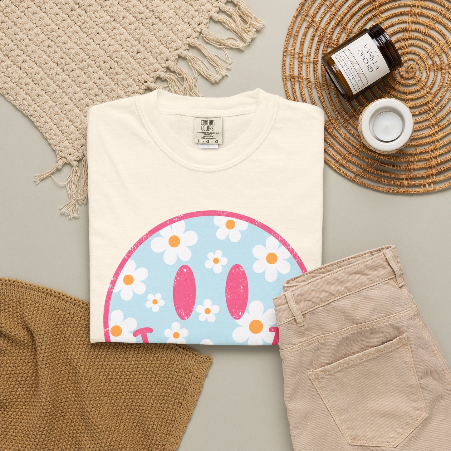 Pink Daisy Smiley Face Tee • Retro Floral Happy Face Shirt • Boutique Mama Graphic Tee