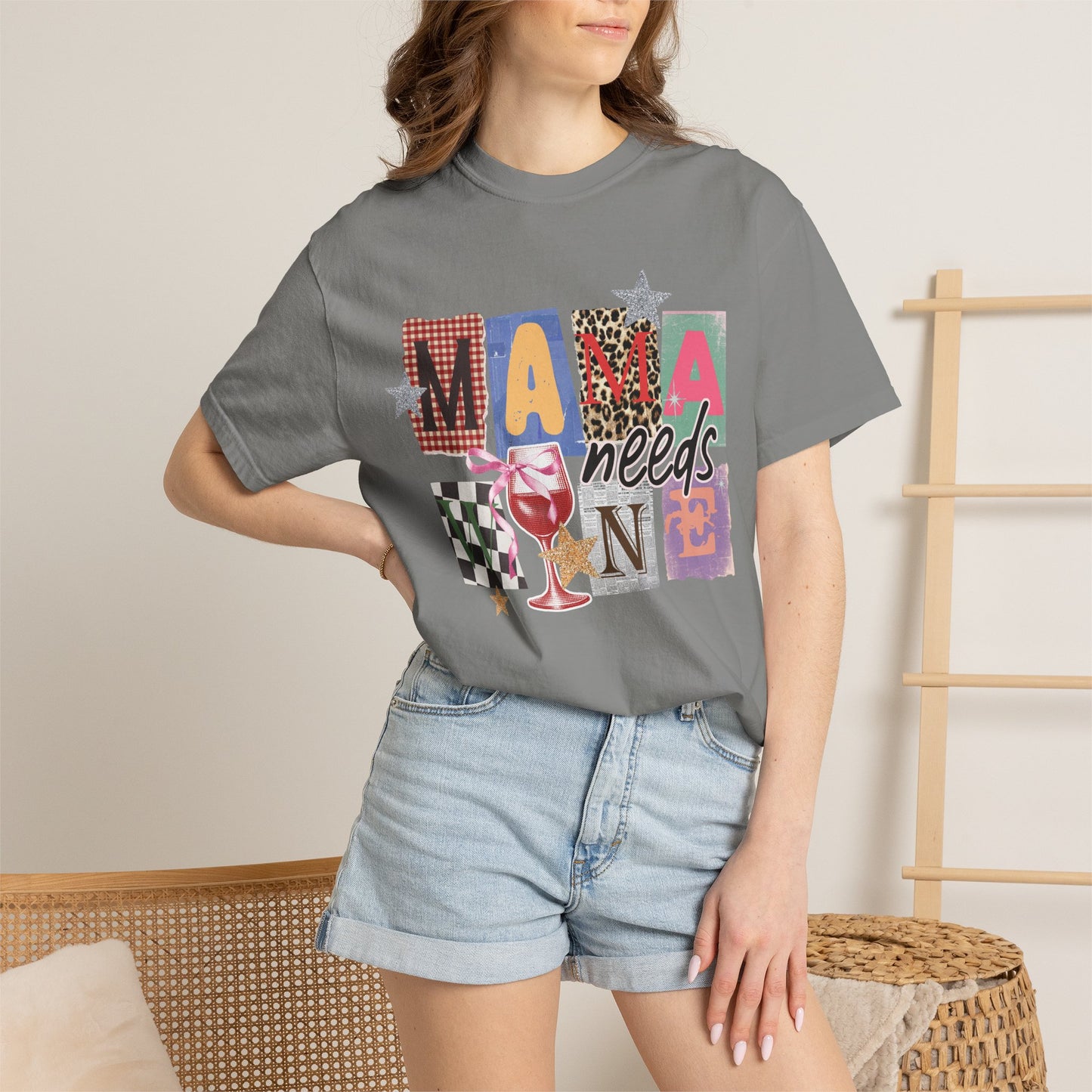 Mama Needs Wine Graphic Tee • Funny Mom Shirt Women • Trendy Patchwork Mixed Print Leopard Gingham Tee • Mom Life Shirt