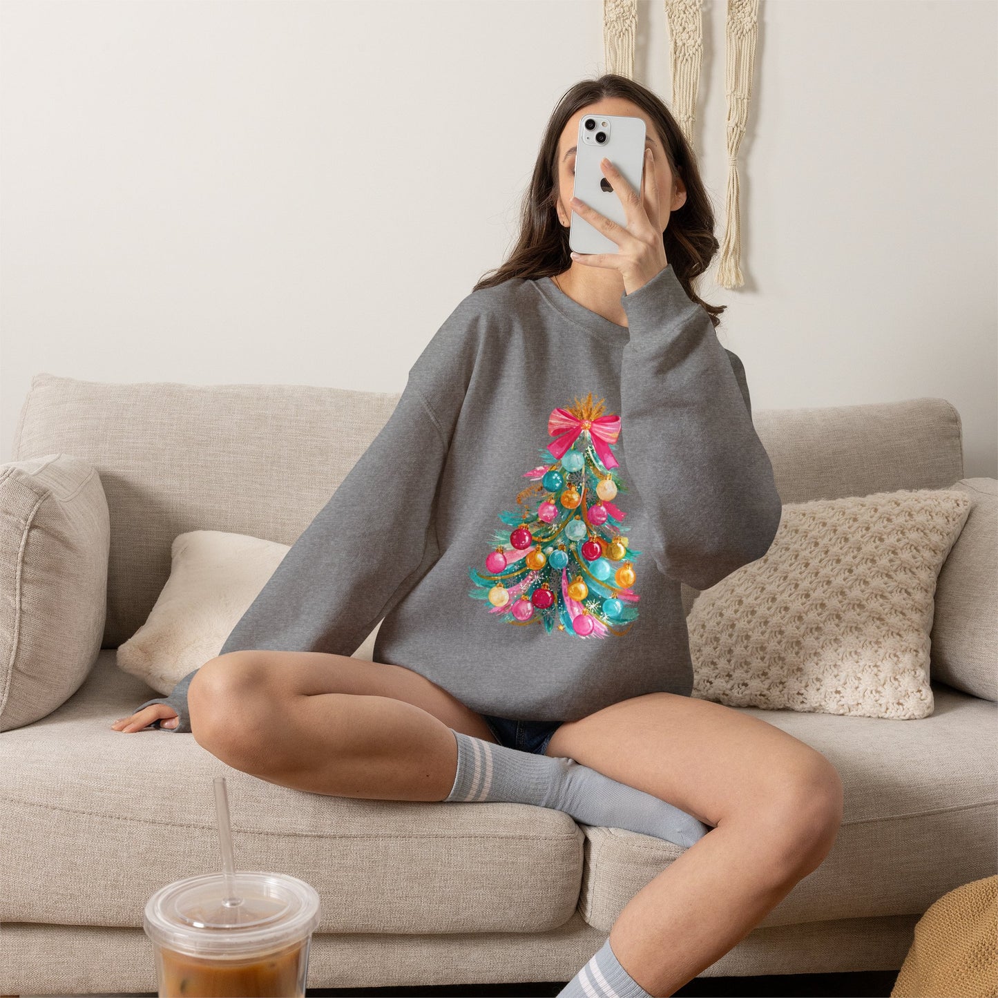 Preppy Pastel Christmas OrnamentTree Crewneck Sweatshirt — Pastel Ornament Holiday Sweatshirt