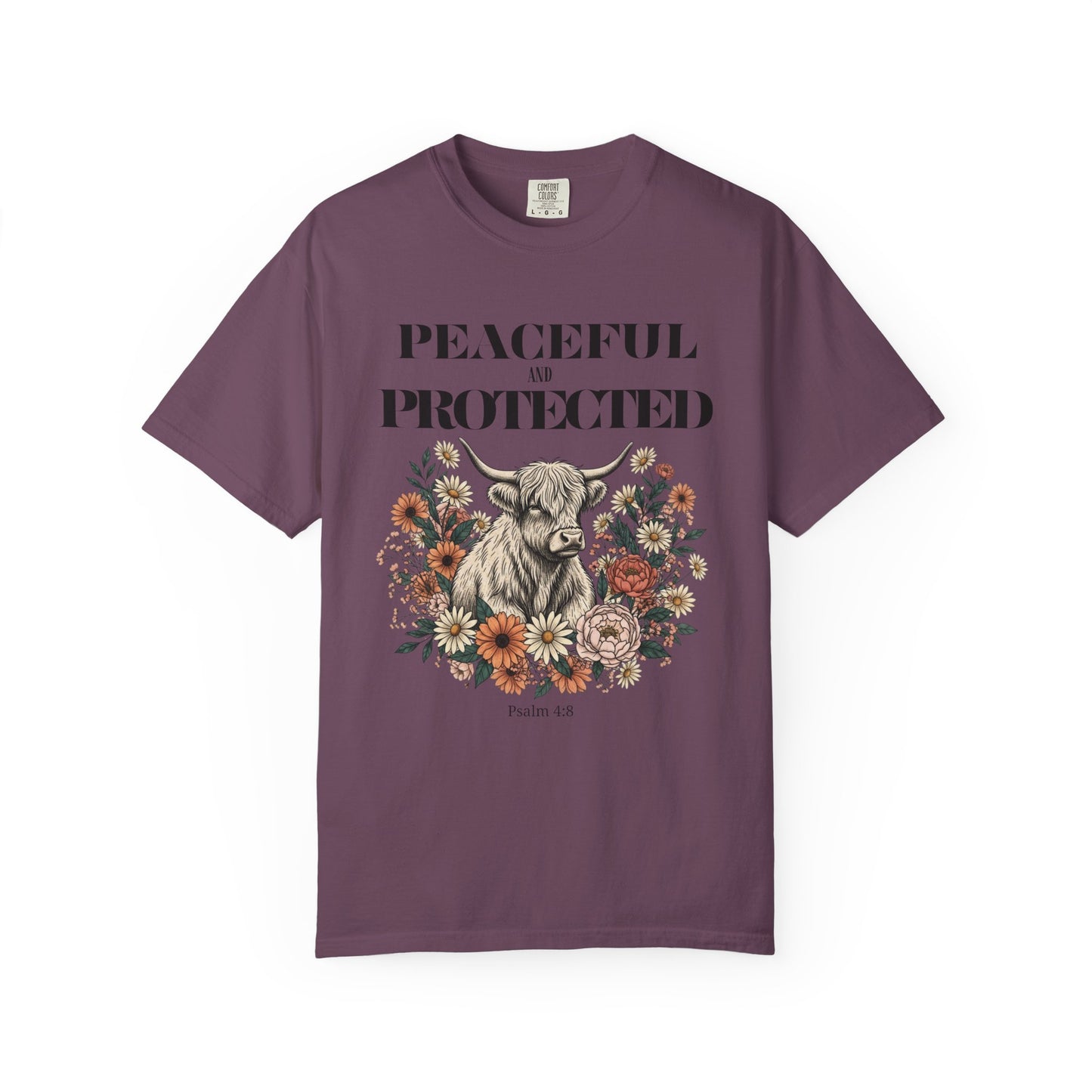 Peaceful and Protected Highland Cow Tee • Psalm 4:8 • Western Floral Faith Shirt