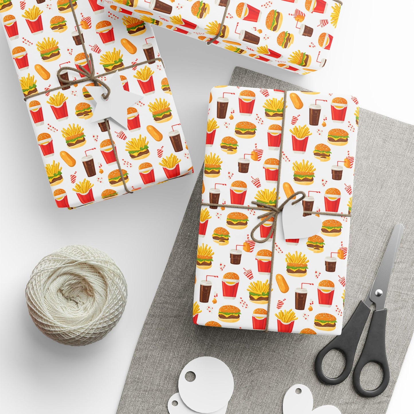 Fast Food Wrapping Paper | Retro Burger Fries Soda Pattern | Red Yellow Diner Print | Fun Gift Wrap for Food Lovers