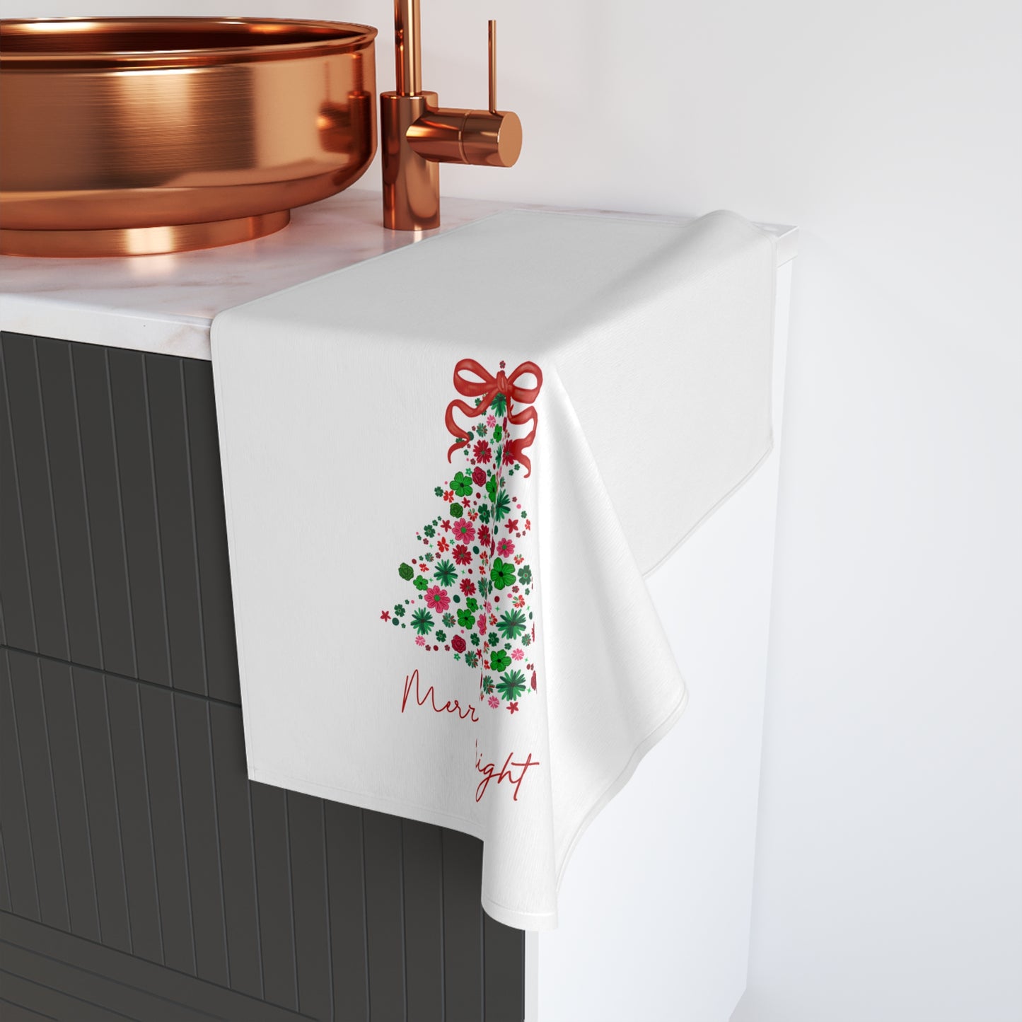 Merry & Bright Floral Christmas Tree Hand Towel | 28x16 Holiday Kitchen Towel | Festive Home Decor & Gift