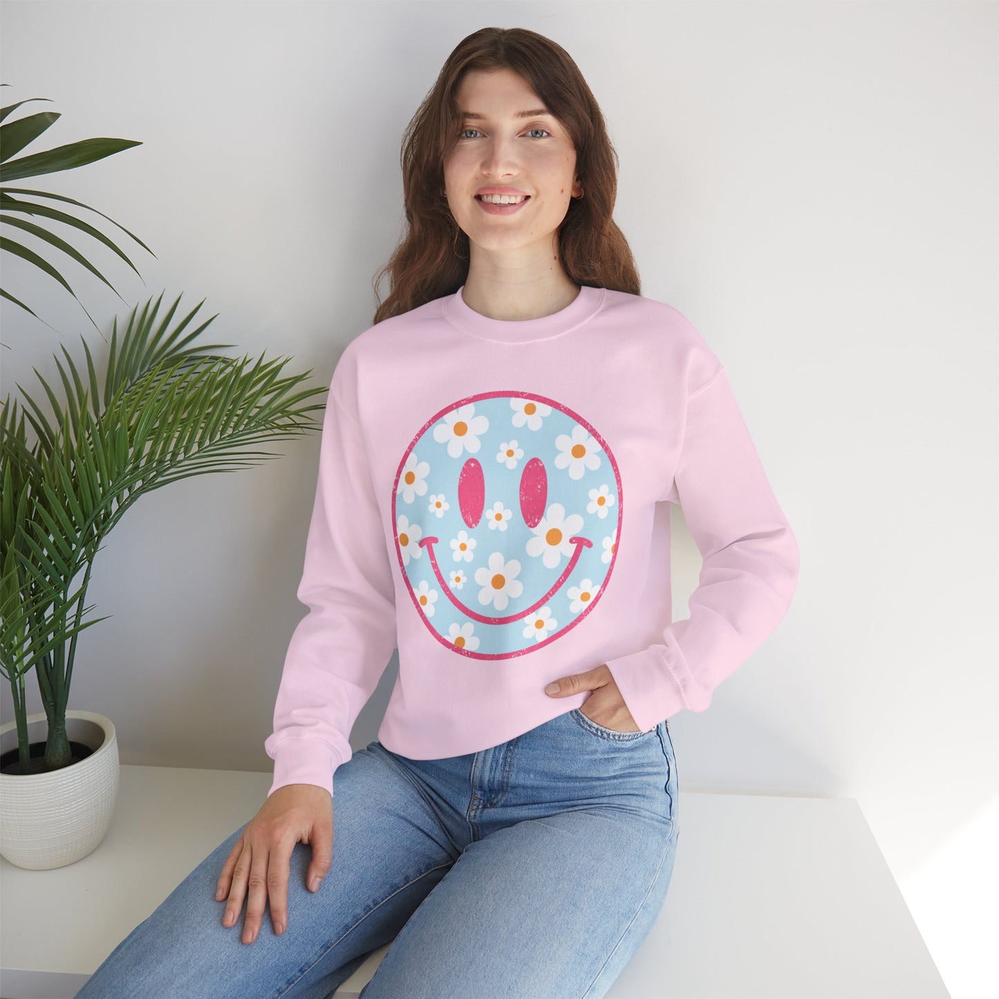 Retro Daisy Smile Sweatshirt • Floral Happy Face Crewneck • Cute Mama Cozy Sweatshirt