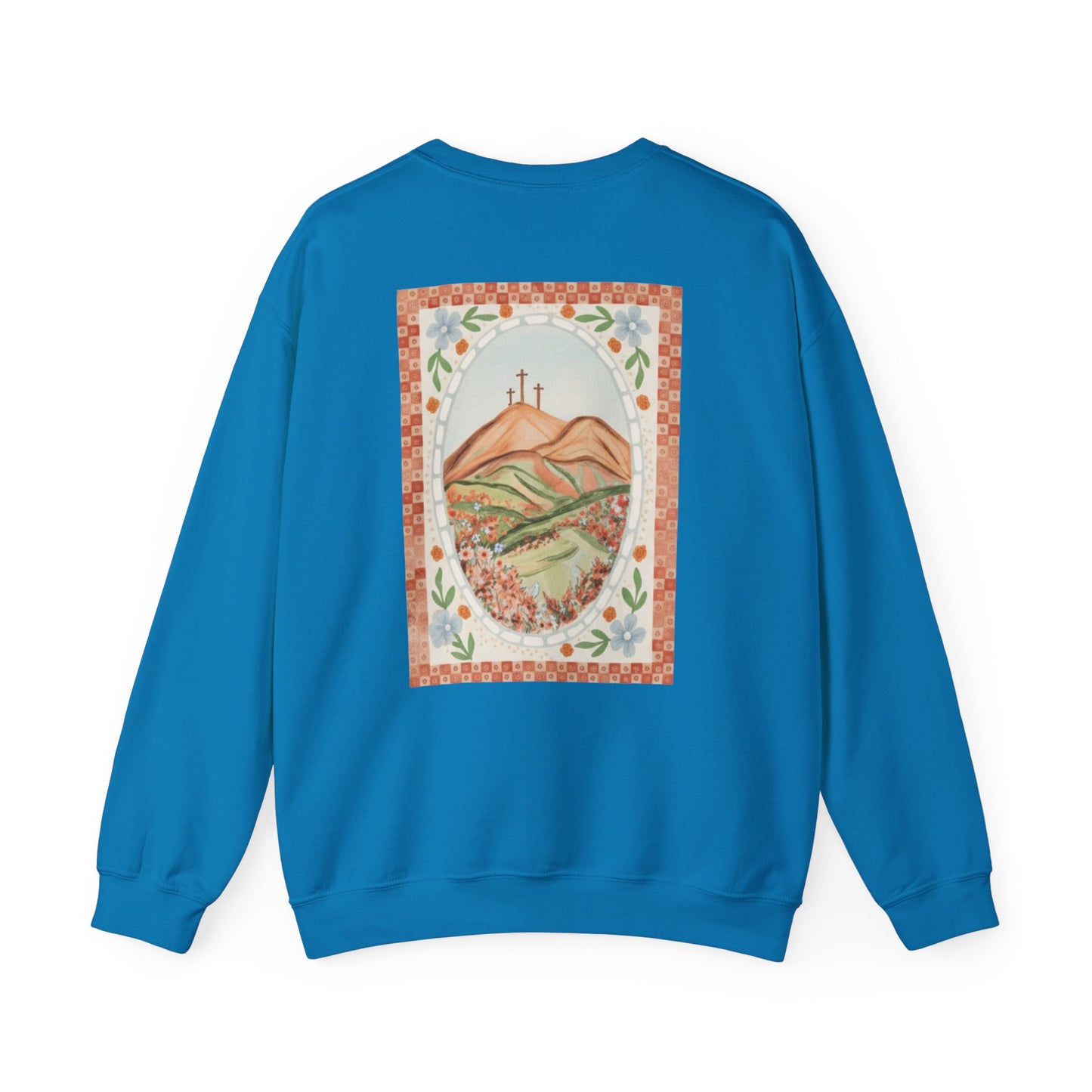Easter Landscape Faith Sweatshirt (Front & Back) • Christian Mountain Cross Crewneck • Floral Resurrection Scene Graphic
