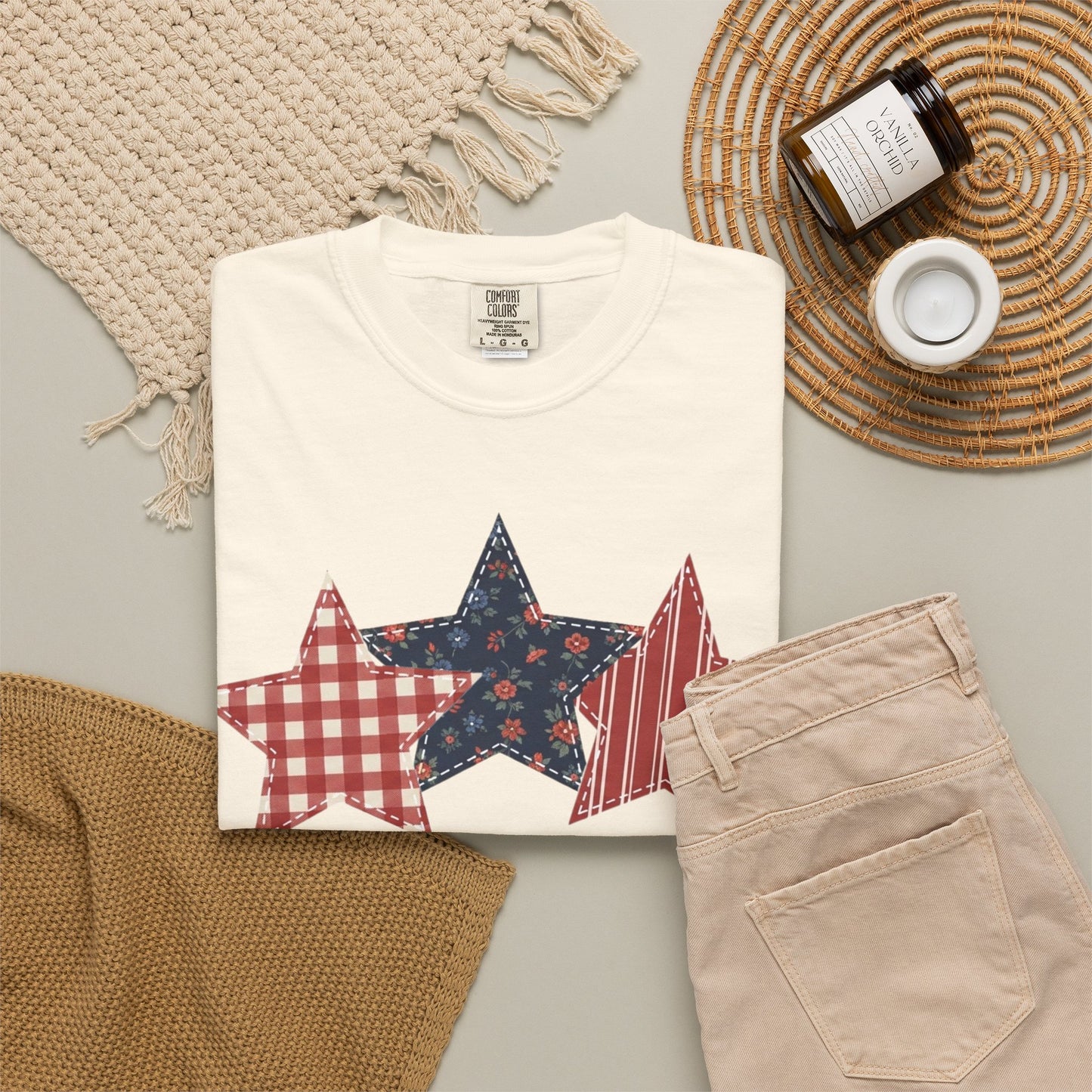 4th of July Patchwork Star T-Shirt for Summer nights • Floral Gingham Red White Blue USA Tee • Patriotic Outfit