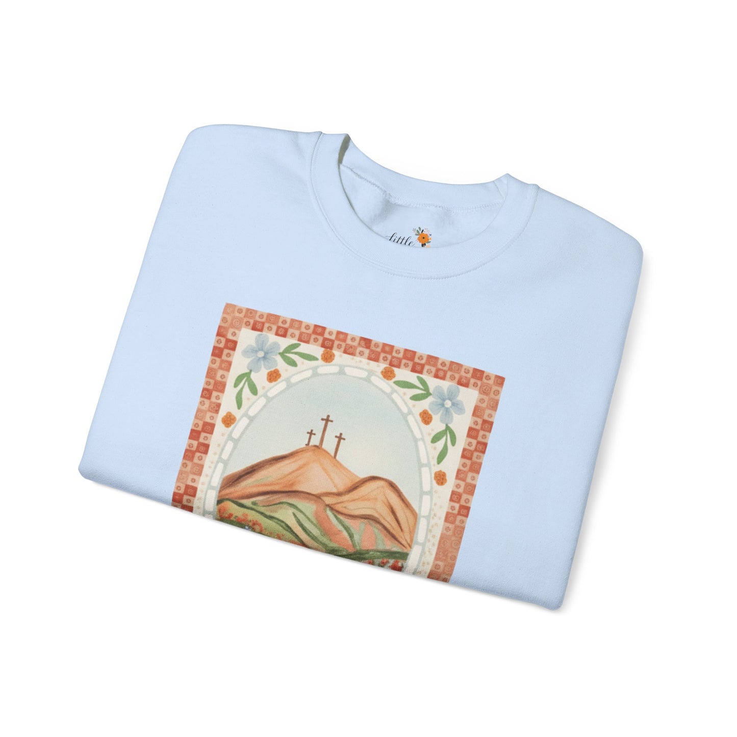 Easter Landscape Faith Sweatshirt (Front Only) • Christian Mountain Cross Crewneck • Floral Resurrection Scene Graphic