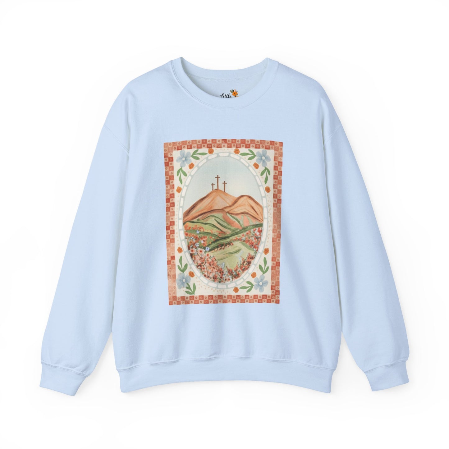 Easter Landscape Faith Sweatshirt (Front Only) • Christian Mountain Cross Crewneck • Floral Resurrection Scene Graphic