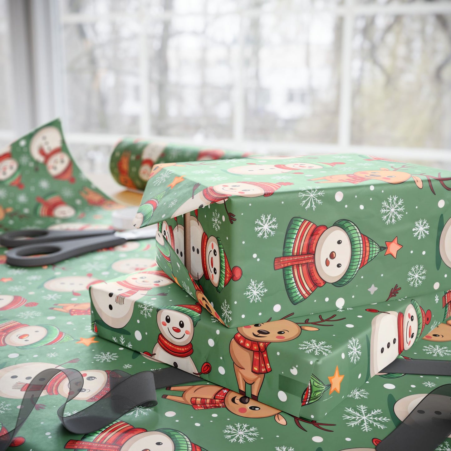 Snowman & Reindeer Christmas Wrapping Paper & Blanket | Cozy Green Winter Pattern | Cute Holiday Gift Wrap | Whimsical Christmas Decor