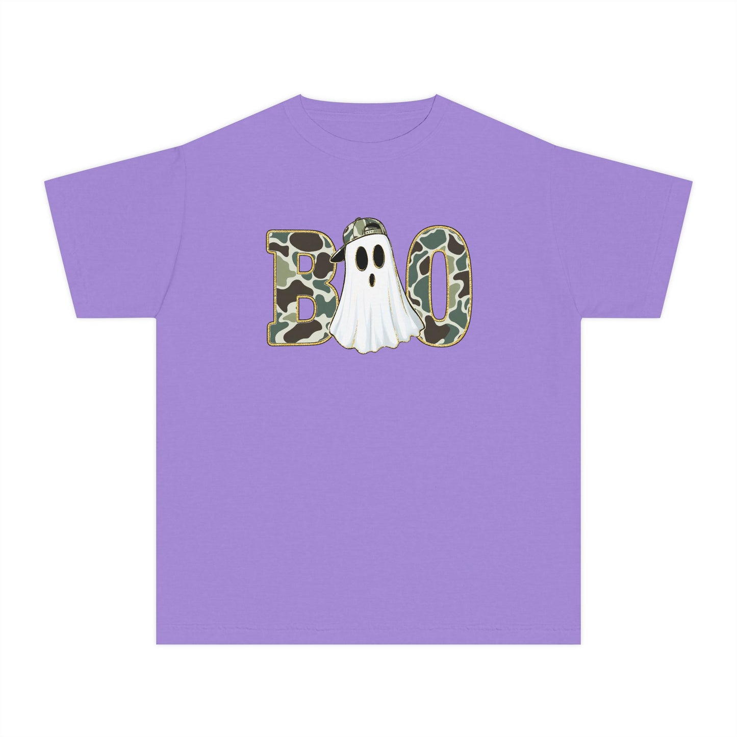 BOO Ghost Youth Tee — Camo Pattern Halloween Shirt for Kids