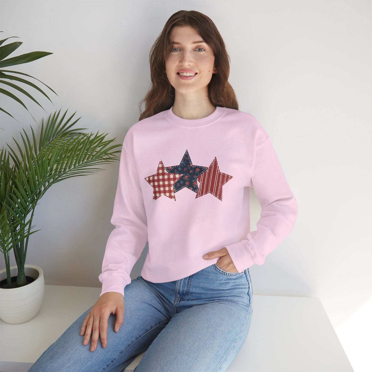 4th of July Patchwork Star Sweatshirt for Summer nights • Floral Gingham Red White Blue USA Crewneck • Patriotic Outfit