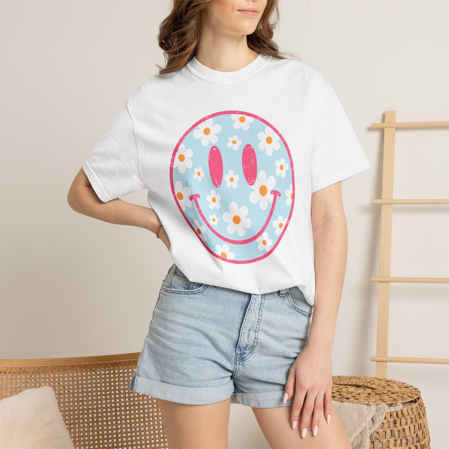 Pink Daisy Smiley Face Tee • Retro Floral Happy Face Shirt • Boutique Mama Graphic Tee
