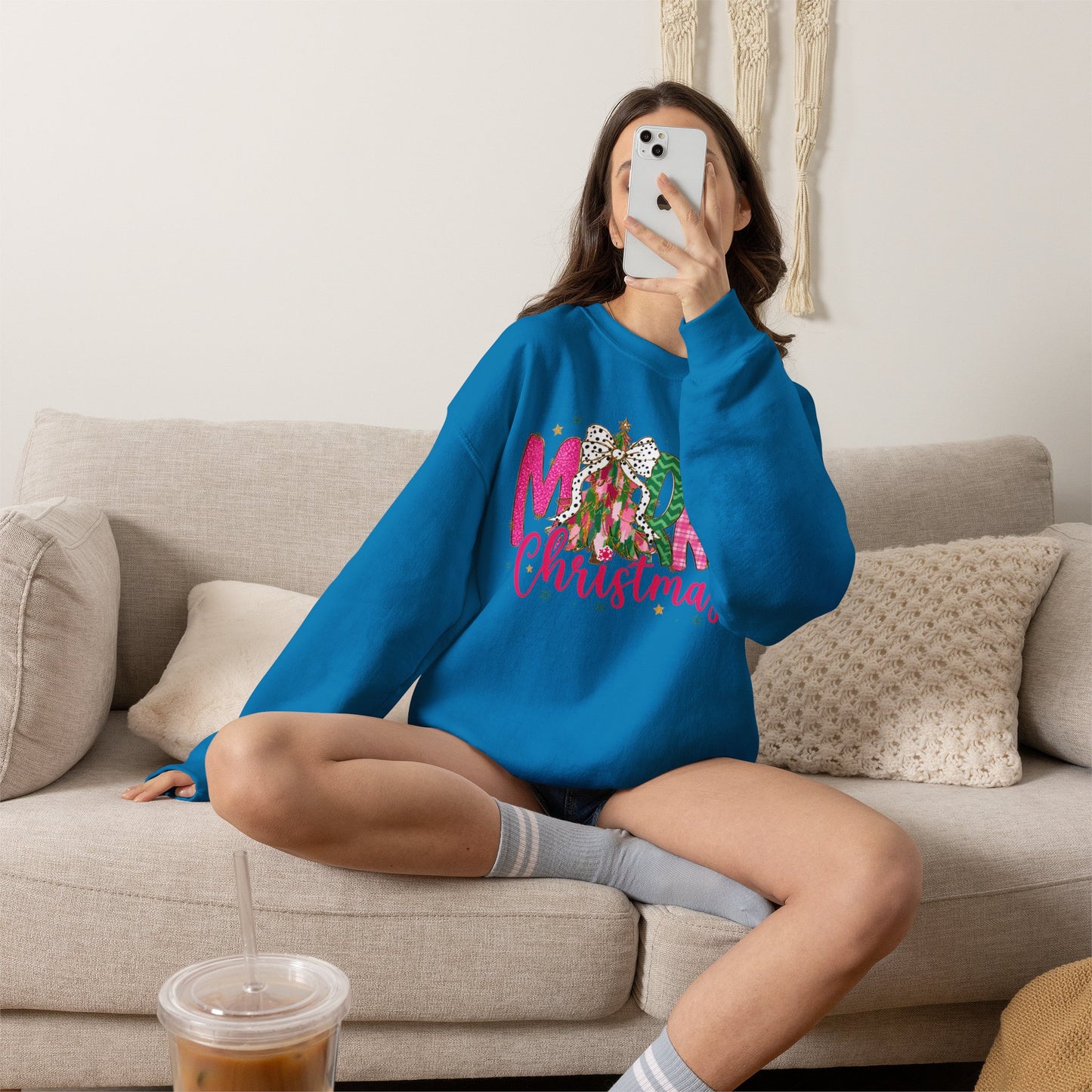 Christmas Crewneck Sweatshirt — 'Merry Christmas' Pink & Green Tree Design