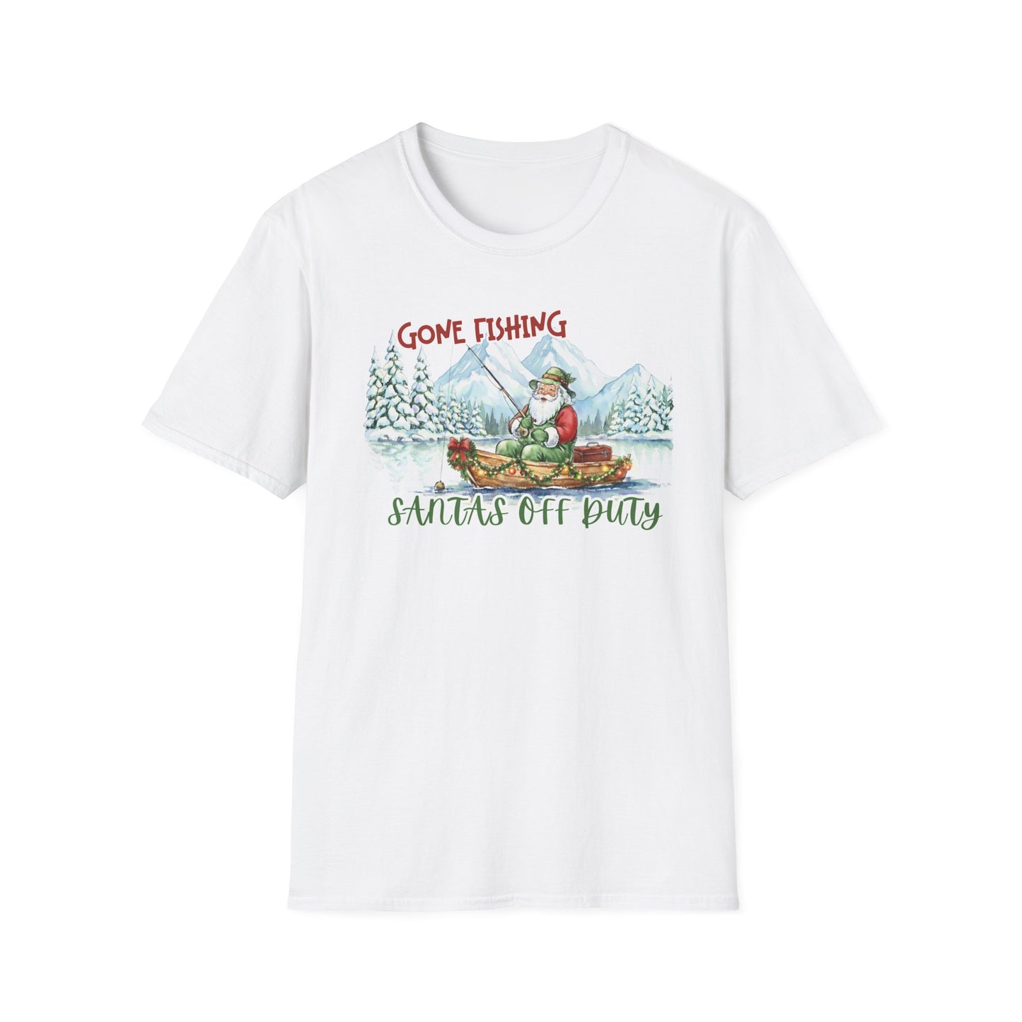 Santa’s Off Duty Shirt | Funny Christmas Fishing Tee | Holiday Graphic Shirt with Santa in Canoe | Cute Christmas Gift for Fishermen