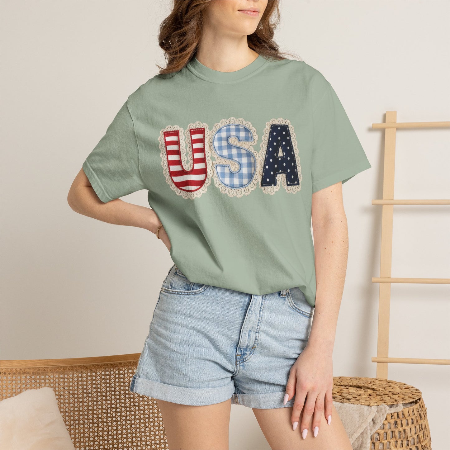 USA Patchwork Shirt • Preppy Patriotic Tee • Coquette Americana Top • Red White Blue Outfit Shirt