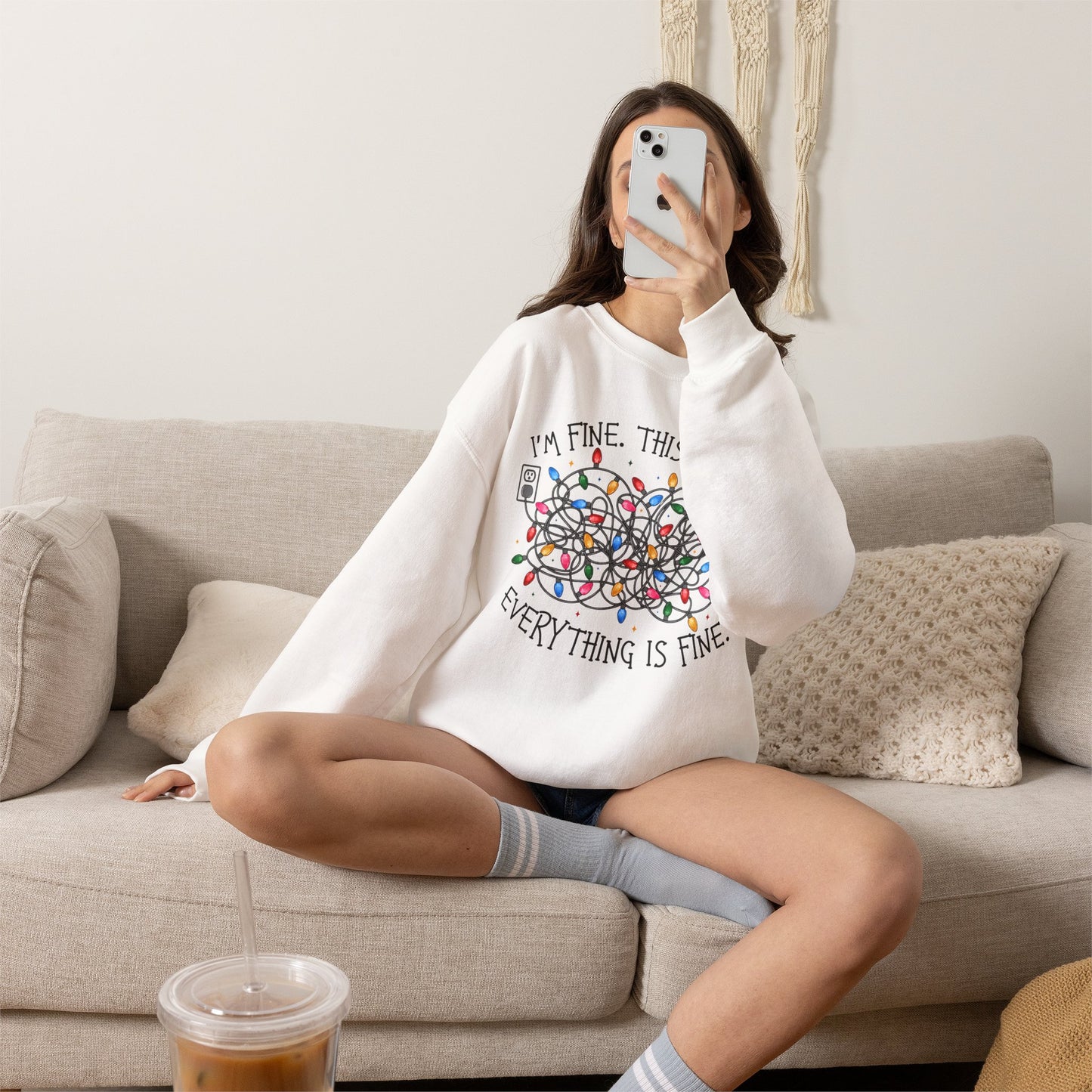 Crewneck Sweatshirt — "I'm Fine. This is Fine. Everything is Fine." Holiday Lights Design