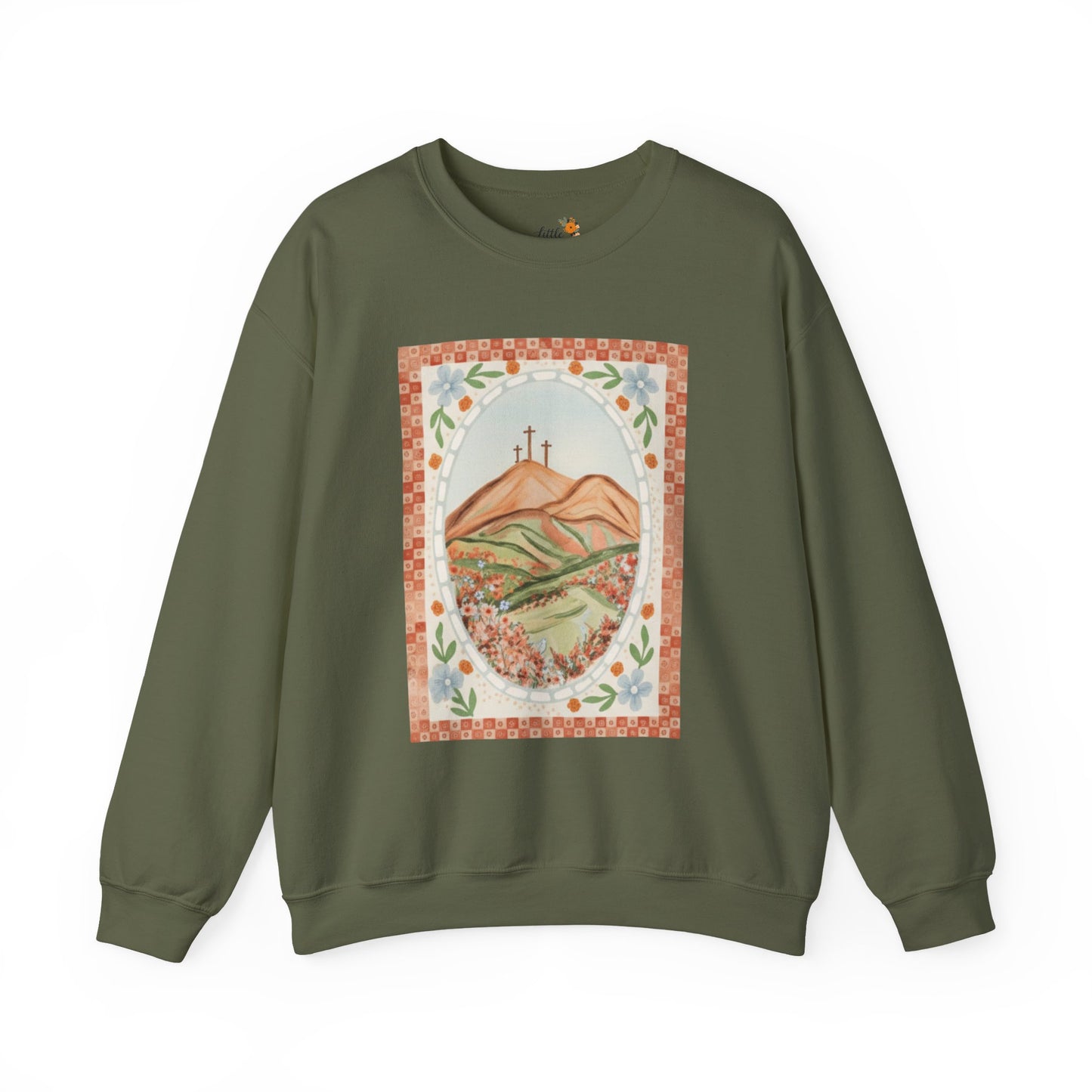 Easter Landscape Faith Sweatshirt (Front Only) • Christian Mountain Cross Crewneck • Floral Resurrection Scene Graphic