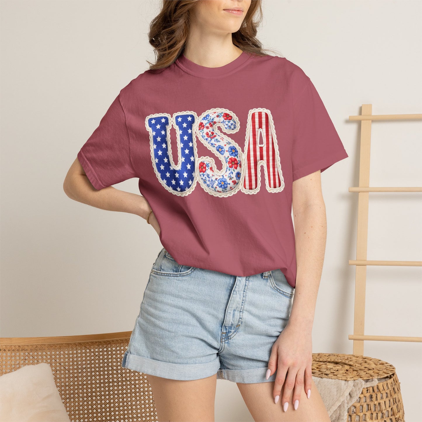 Floral Patchwork USA Shirt • Preppy Patriotic Tee • Vintage Americana Gingham Shirt • 4th of July Mom Outfit