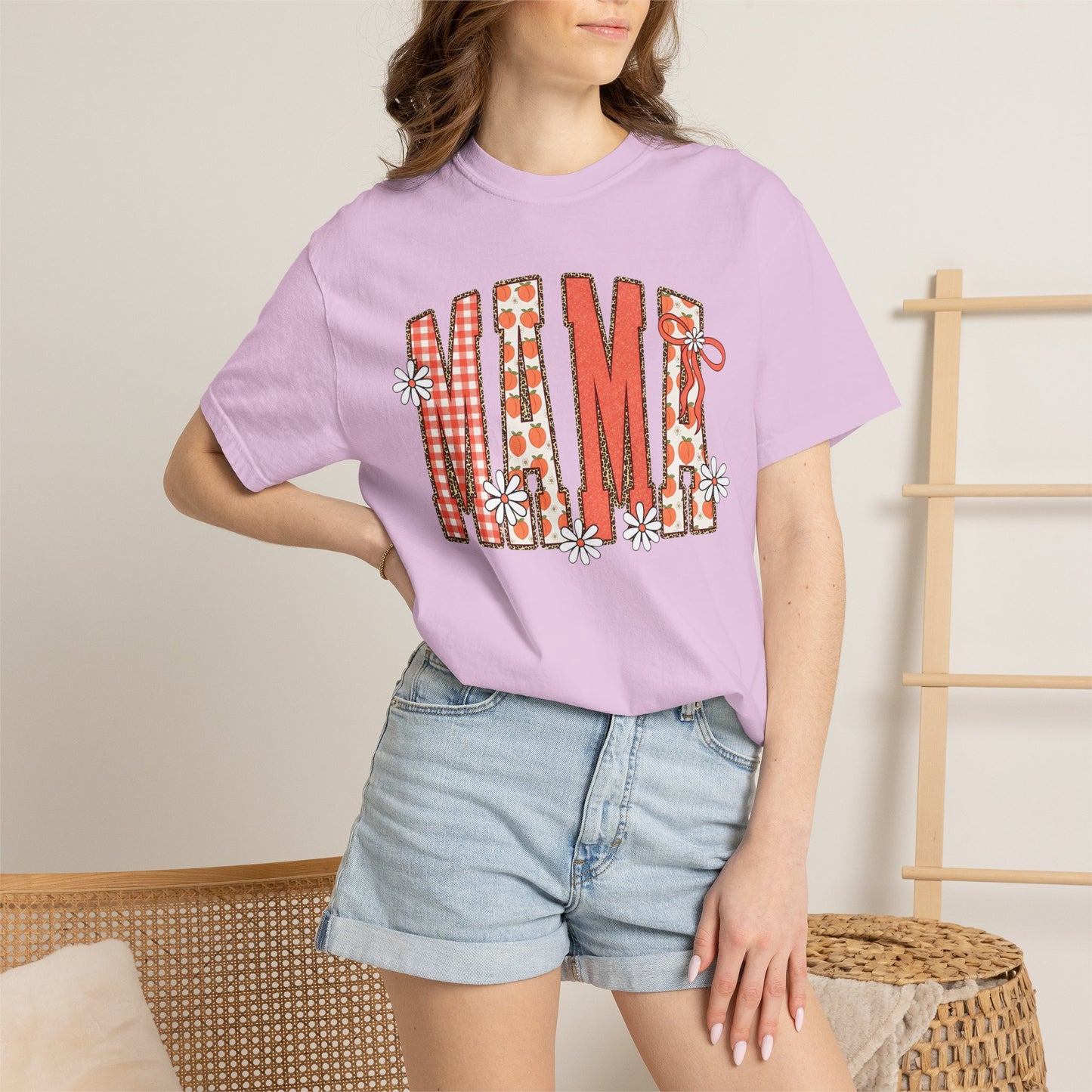 Daisy Peach MAMA Floral Shirt • Spring Graphic Tee • Peach Gingham Mom Shirt • Feminine Boutique Everyday Outfit