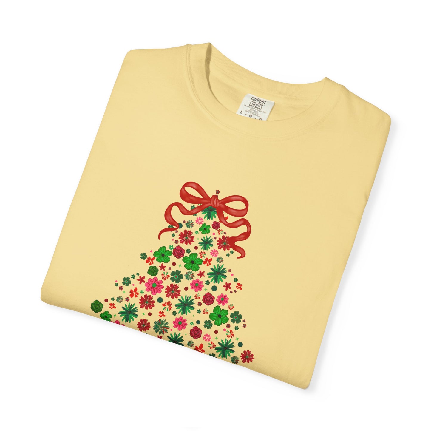 Merry & Bright Christmas Tree Shirt • Floral Christmas Tree Tee • Cute Pink & Green Holiday T-Shirt • Comfort Colors Christmas Shirt • Women's Christmas Tee