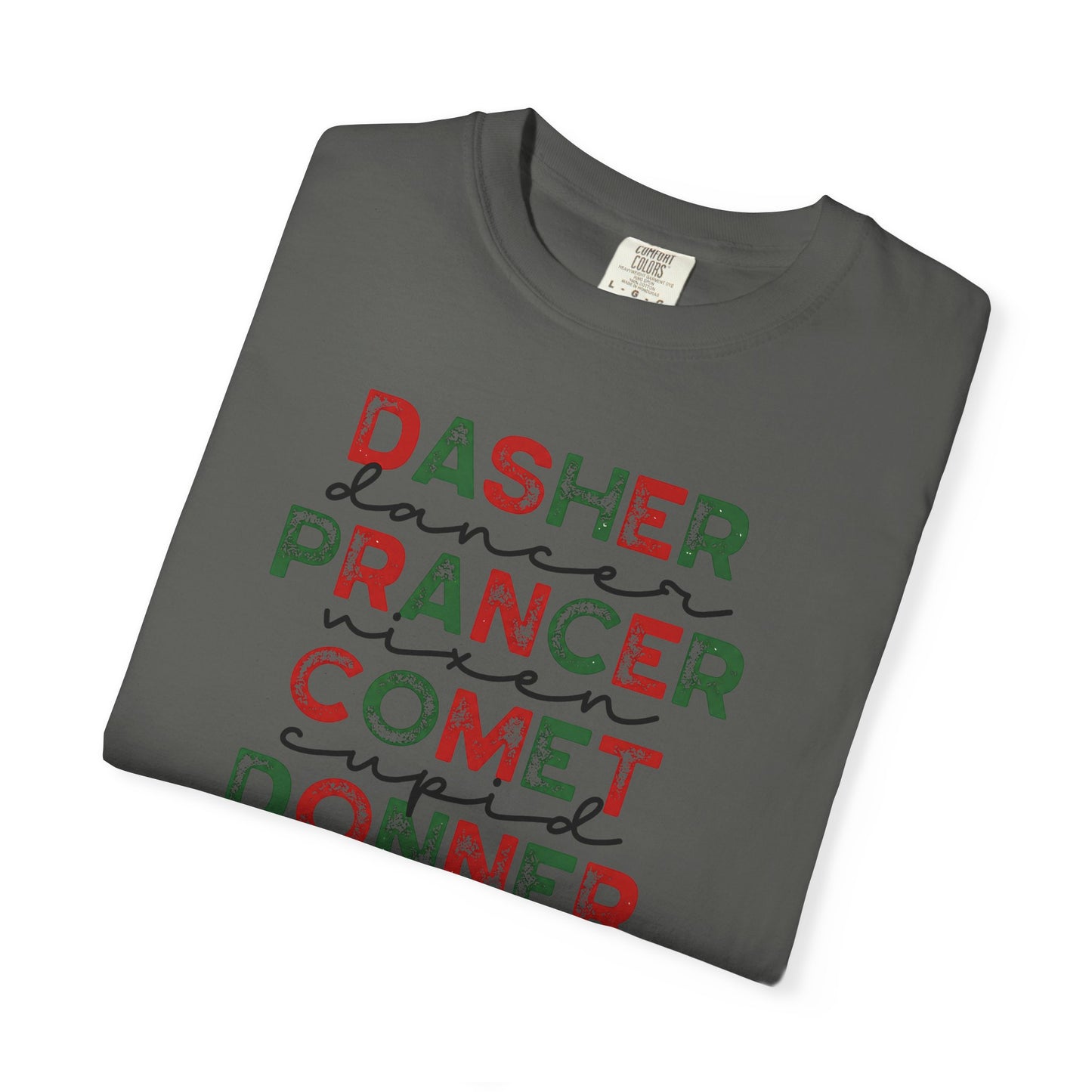 Reindeer Names Christmas T-Shirt — Dasher, Dancer, Prancer, Vixen, Comet, Cupid, Donner, Rudolph